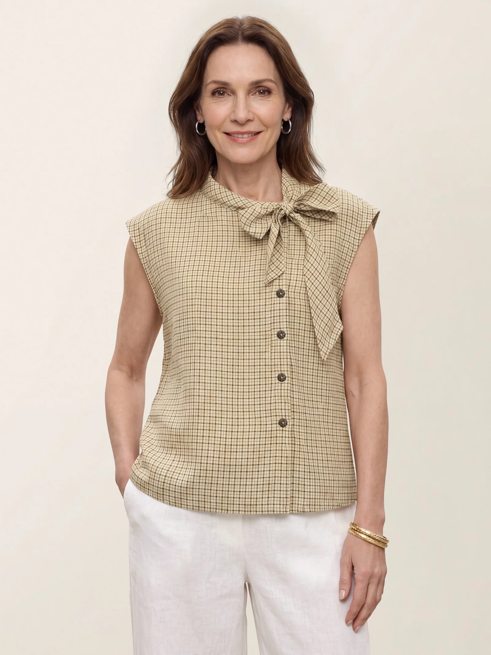 100% Linen Yarn Dyed Check Tie Neck Top ISALINE