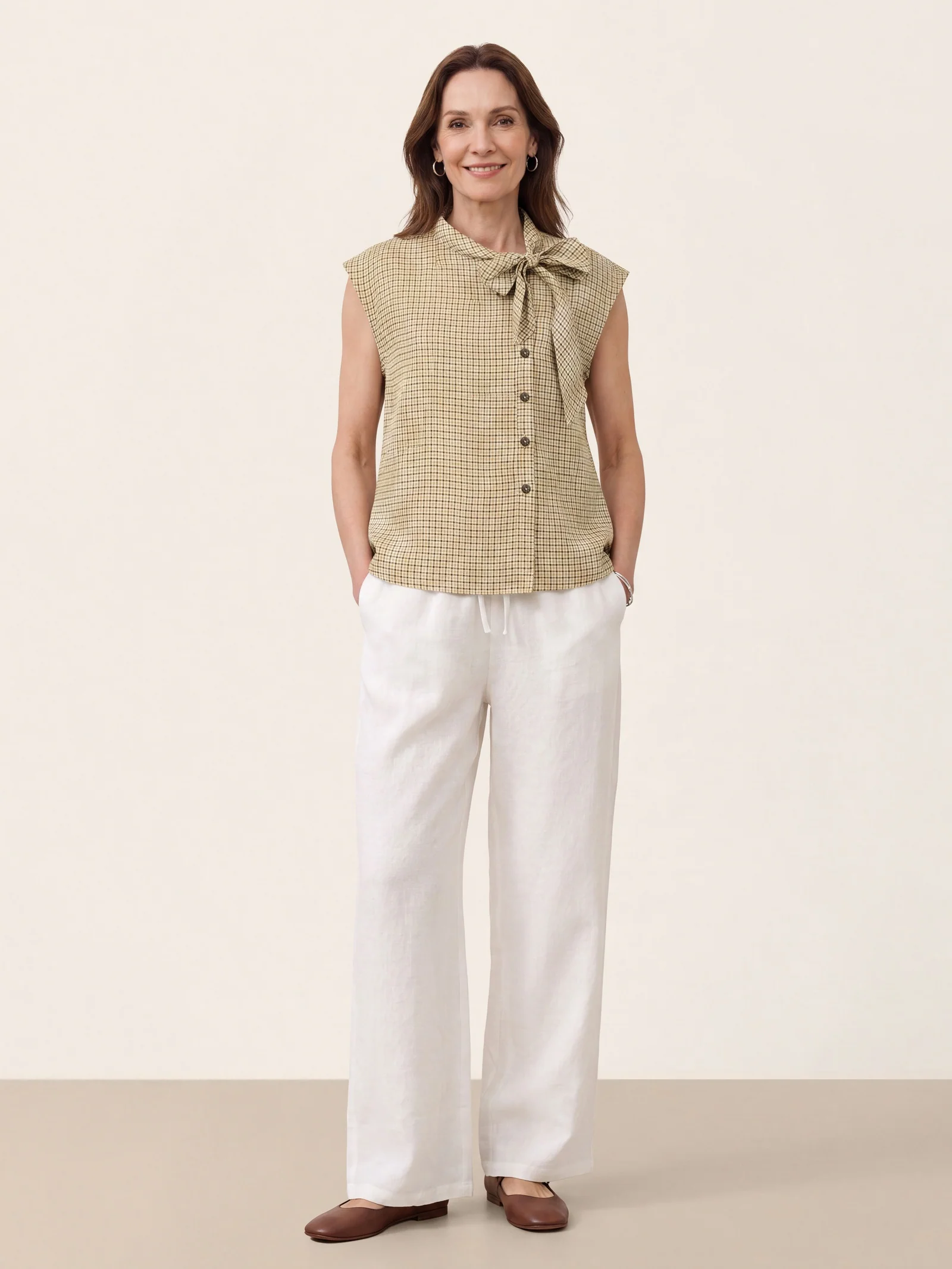 100% Linen Yarn Dyed Check Tie Neck Top ISALINE - Image 6