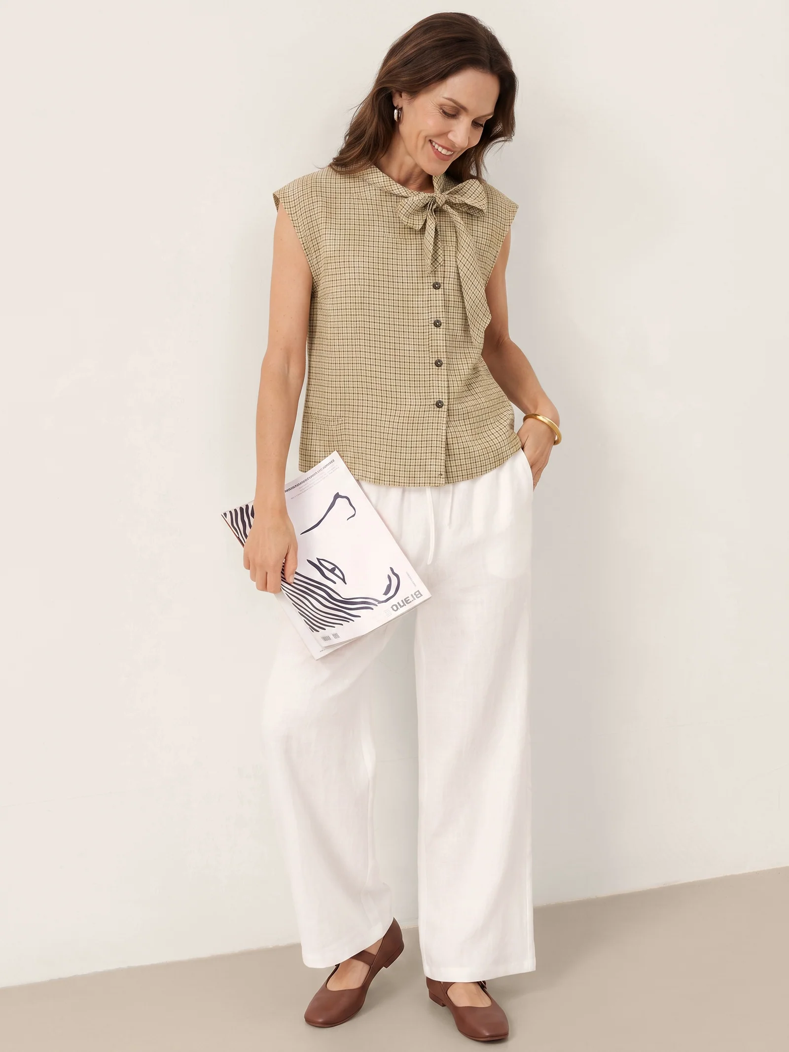 100% Linen Yarn Dyed Check Tie Neck Top ISALINE - Image 8