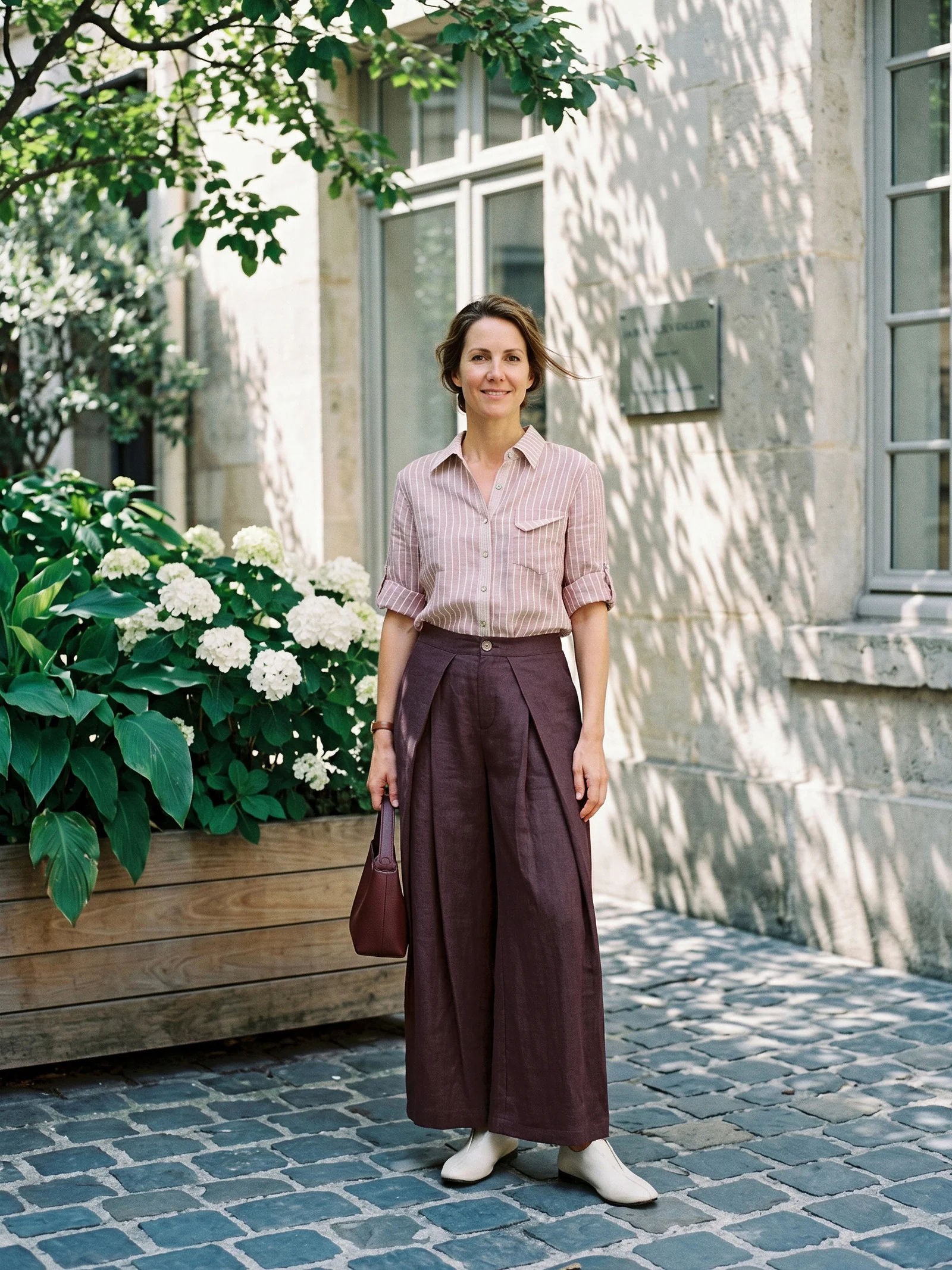 100% Linen Yarn Dyed Pleated Elastic Waist Wide Leg Culottes PALOMA - Image 2