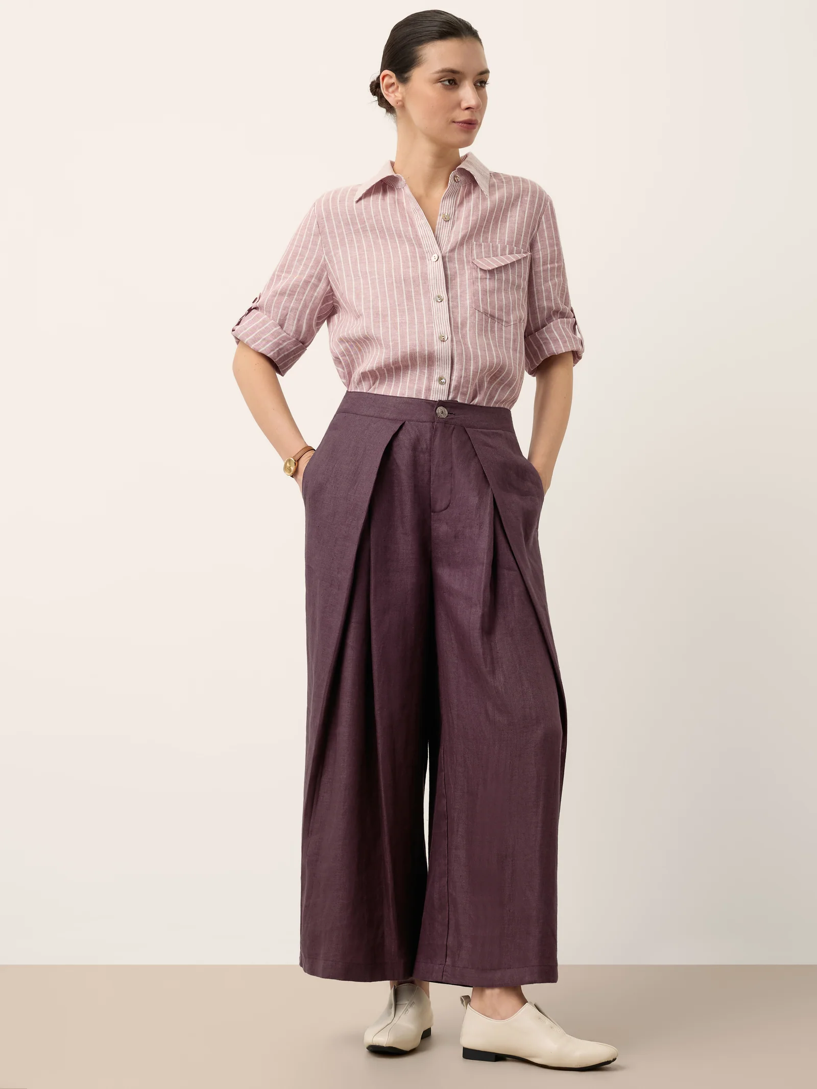 100% Linen Yarn Dyed Pleated Elastic Waist Wide Leg Culottes PALOMA - Image 8