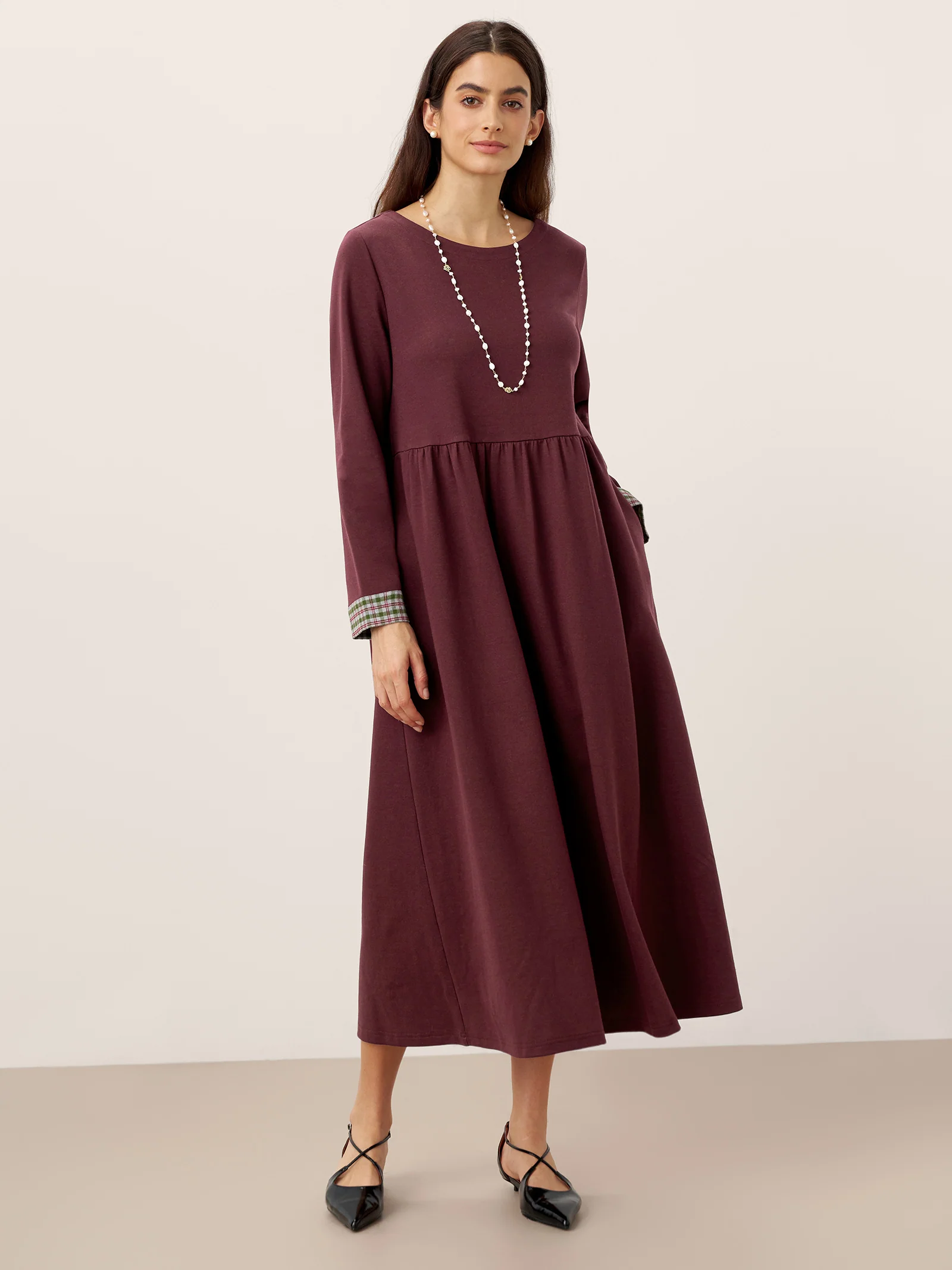 Organic Cotton Patchwork Cuff Crew Neck Casual Midi Dress SCARLETT - Image 11