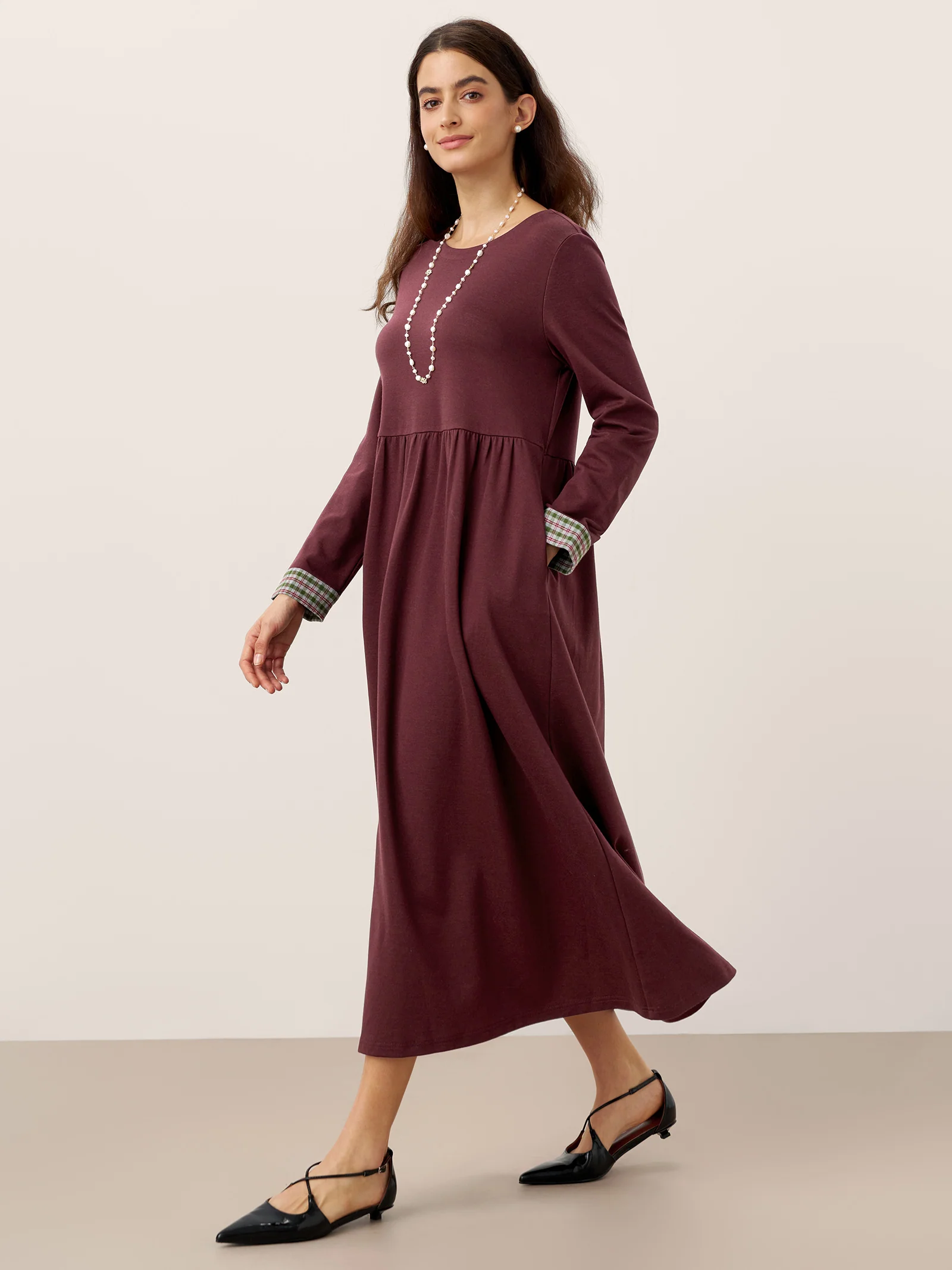 Organic Cotton Patchwork Cuff Crew Neck Casual Midi Dress SCARLETT - Image 12