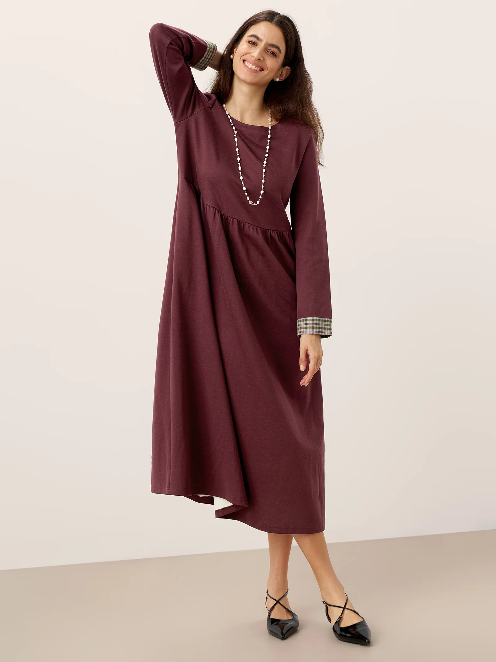 Organic Cotton Patchwork Cuff Crew Neck Casual Midi Dress SCARLETT - Image 14