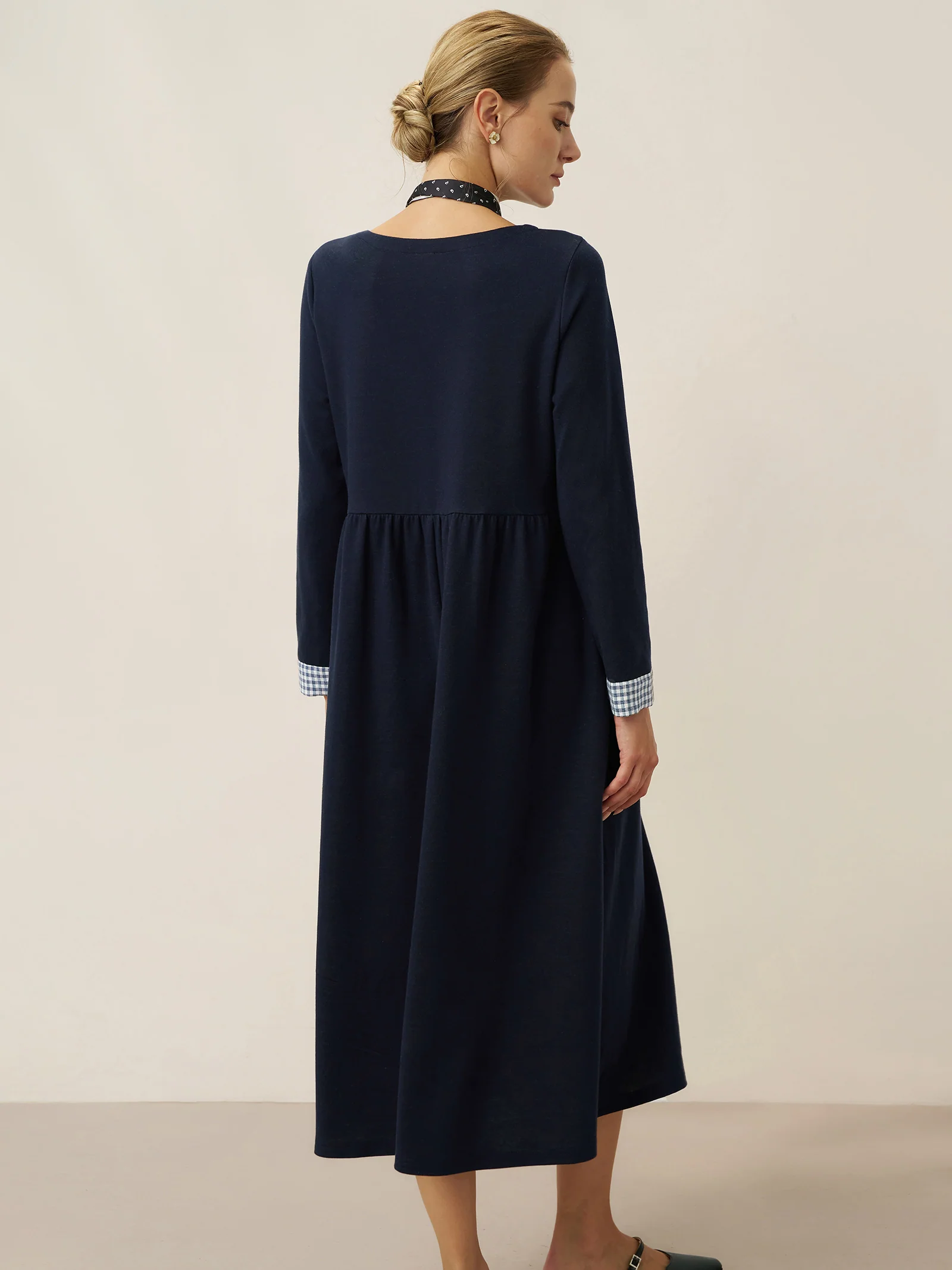 Organic Cotton Patchwork Cuff Crew Neck Casual Midi Dress SCARLETT - Image 3