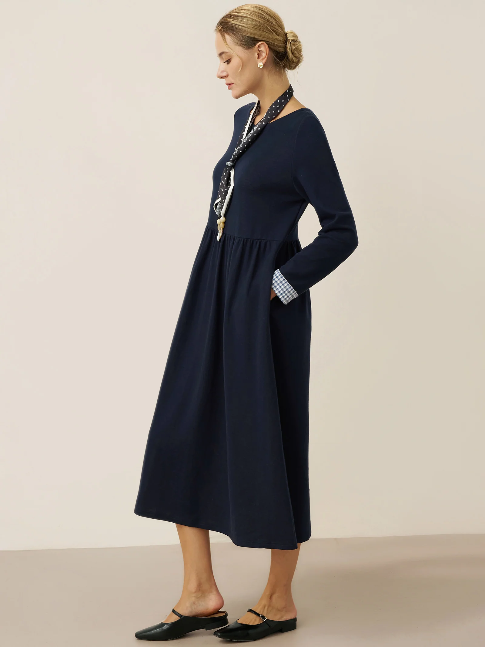 Organic Cotton Patchwork Cuff Crew Neck Casual Midi Dress SCARLETT - Image 4
