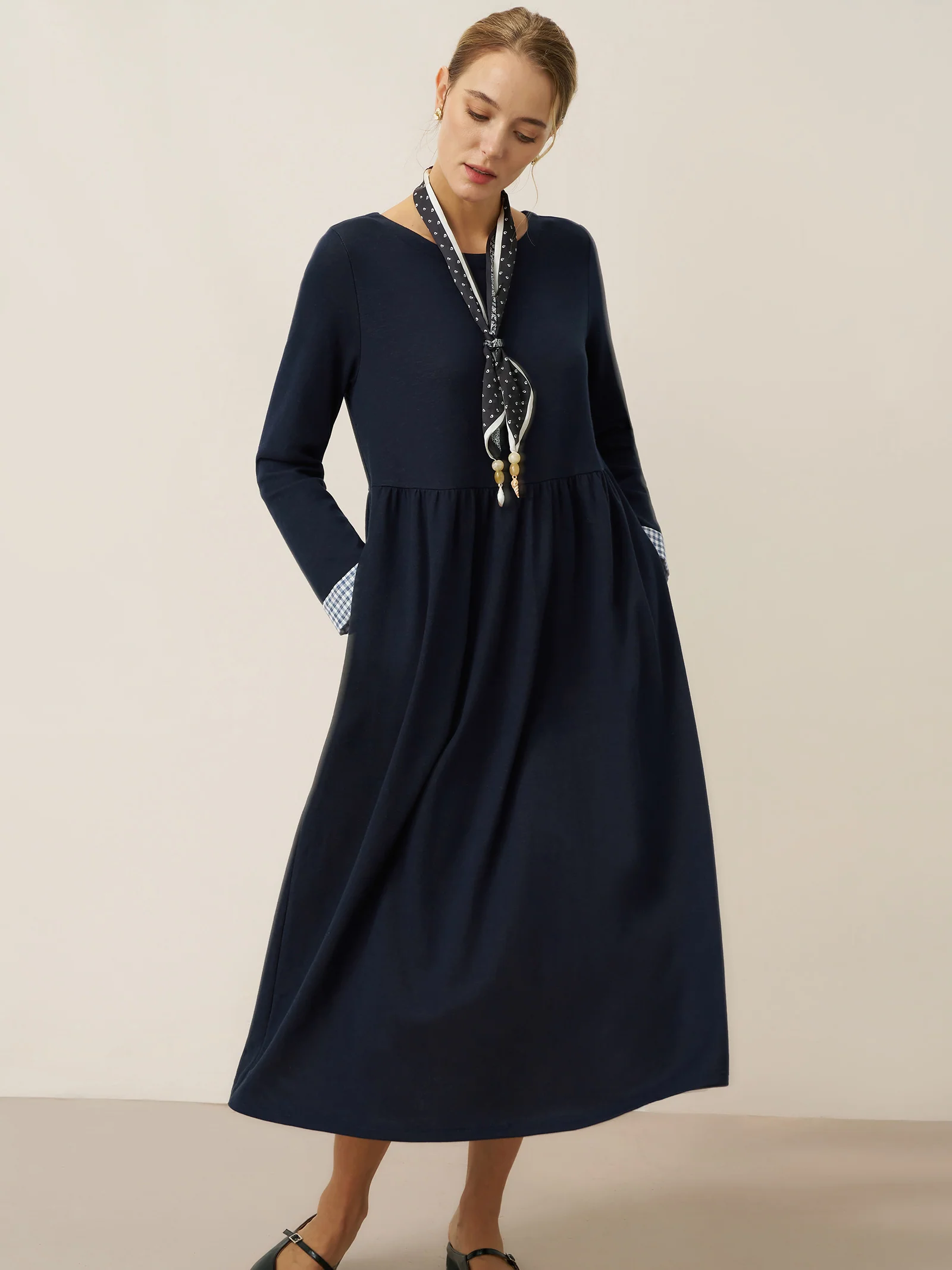 Organic Cotton Patchwork Cuff Crew Neck Casual Midi Dress SCARLETT - Image 5