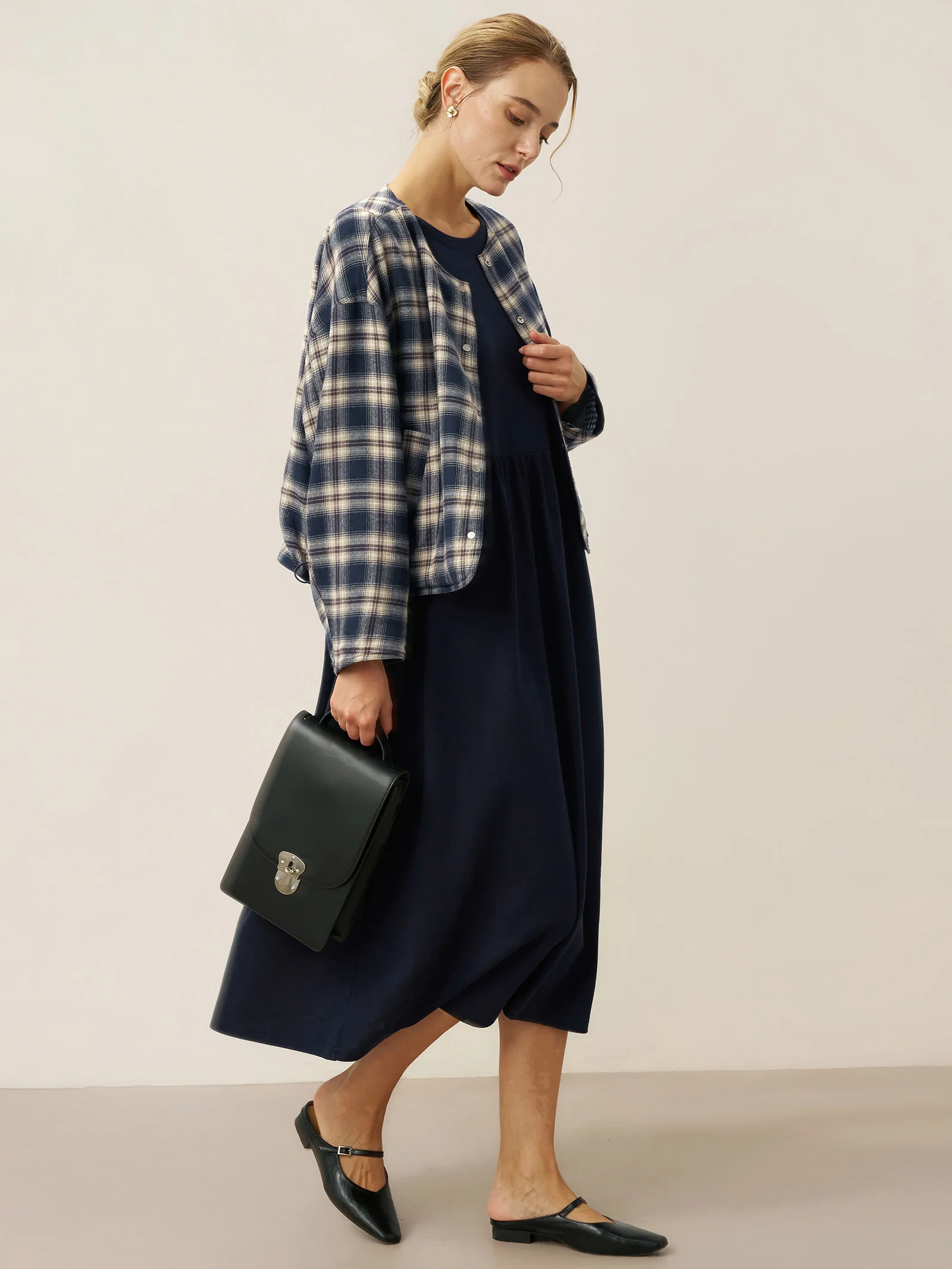 Organic Cotton Patchwork Cuff Crew Neck Casual Midi Dress SCARLETT - Image 9