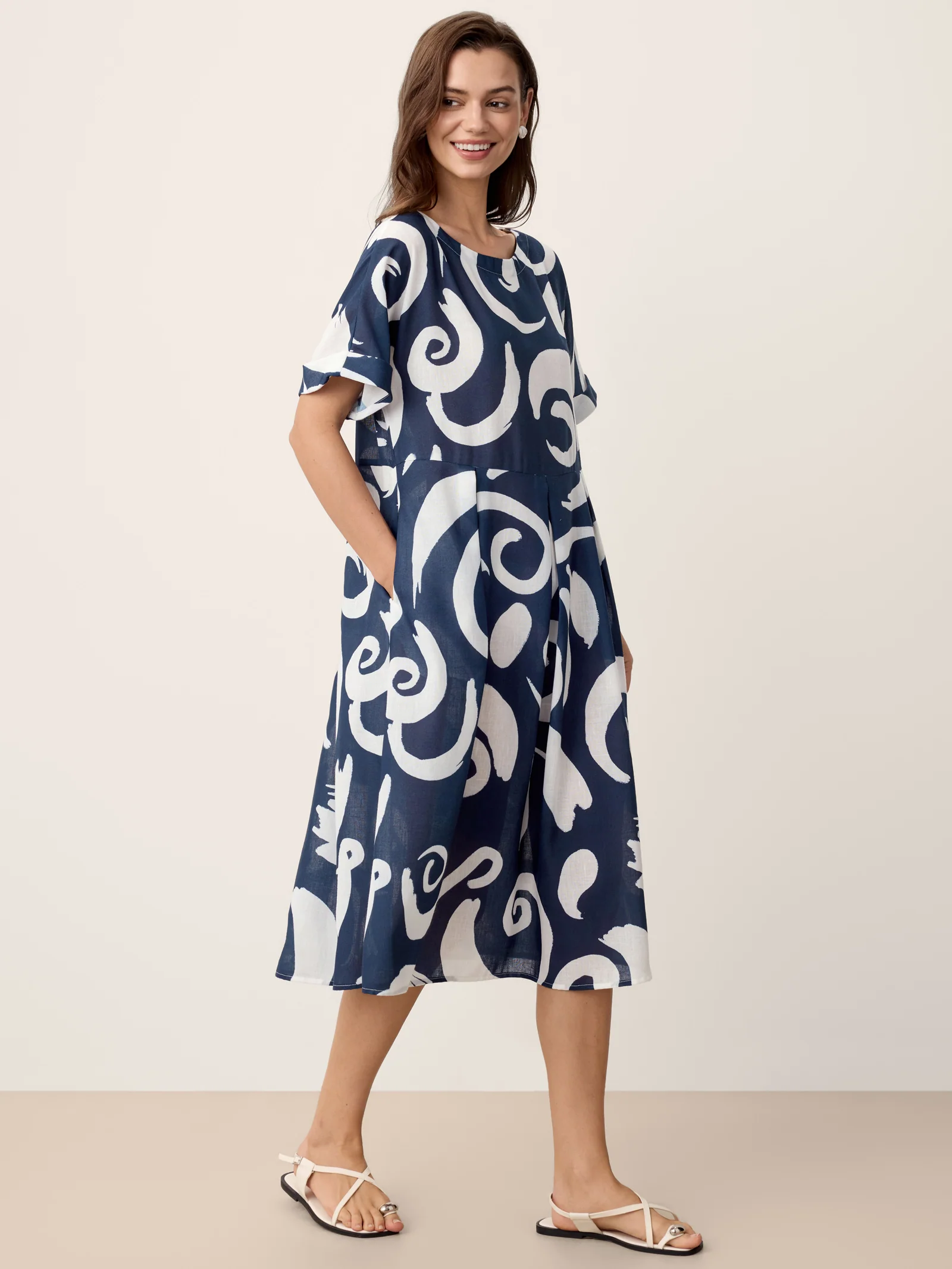 Linen Abstract-Print Pleated-Waist Midi Dress PRIYA - Image 4