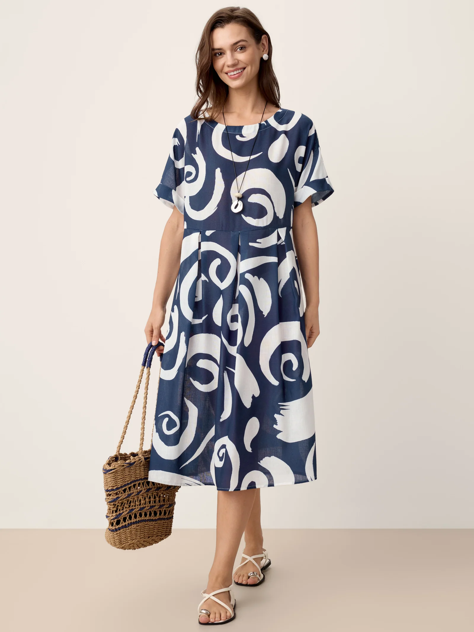 Linen Abstract-Print Pleated-Waist Midi Dress PRIYA - Image 9