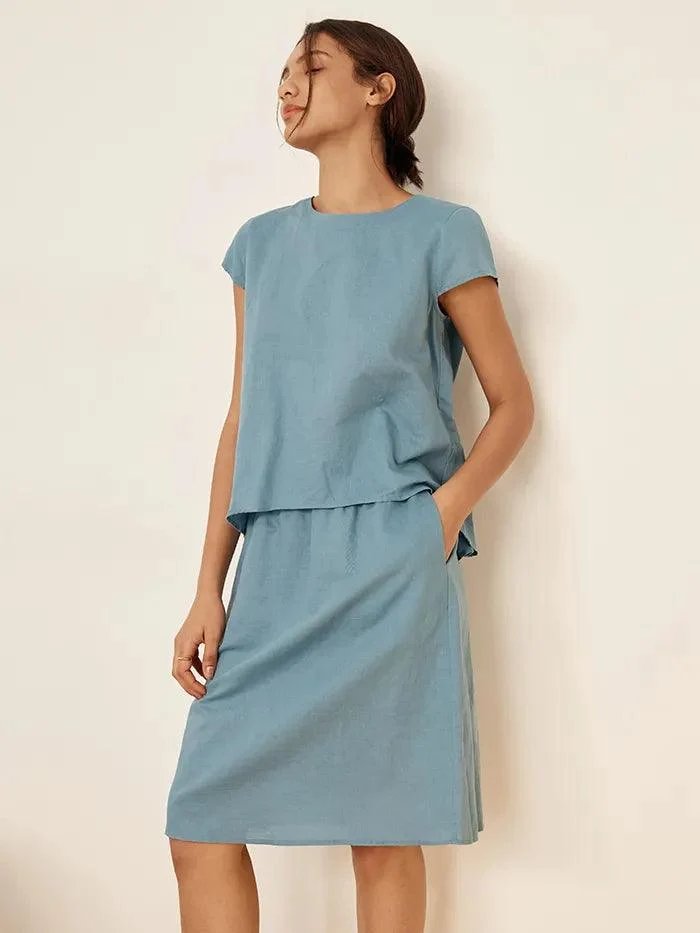 Linen Blend Cap Sleeve Top And Pencil Skirt Set VEDA - Image 3