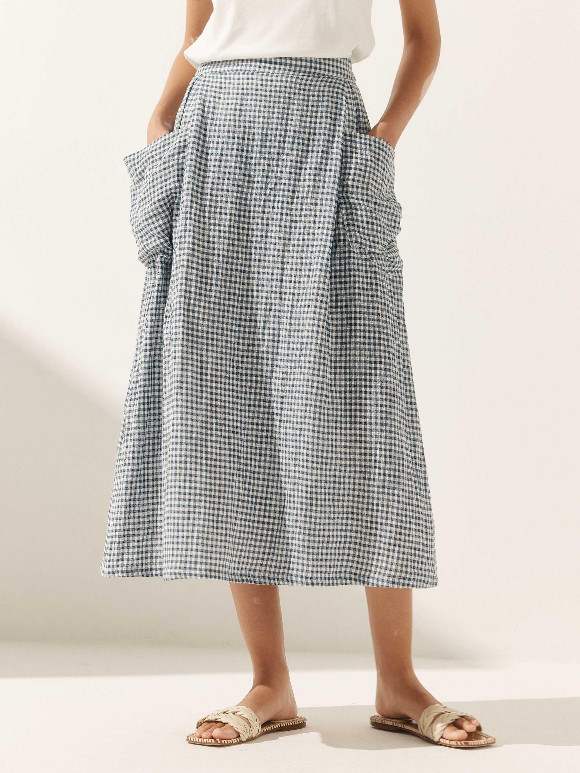 Linen Checked Elastic Waist Skirt MARINA - Image 12