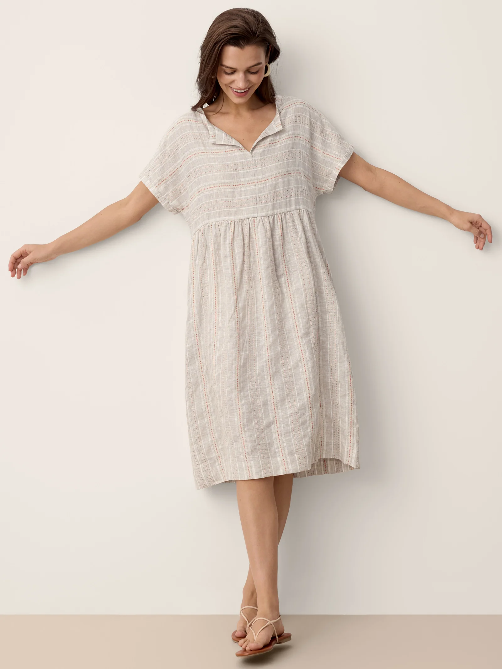 Linen Gathered-Hem Split-Neck Mini Dress SYDNEY - Image 4