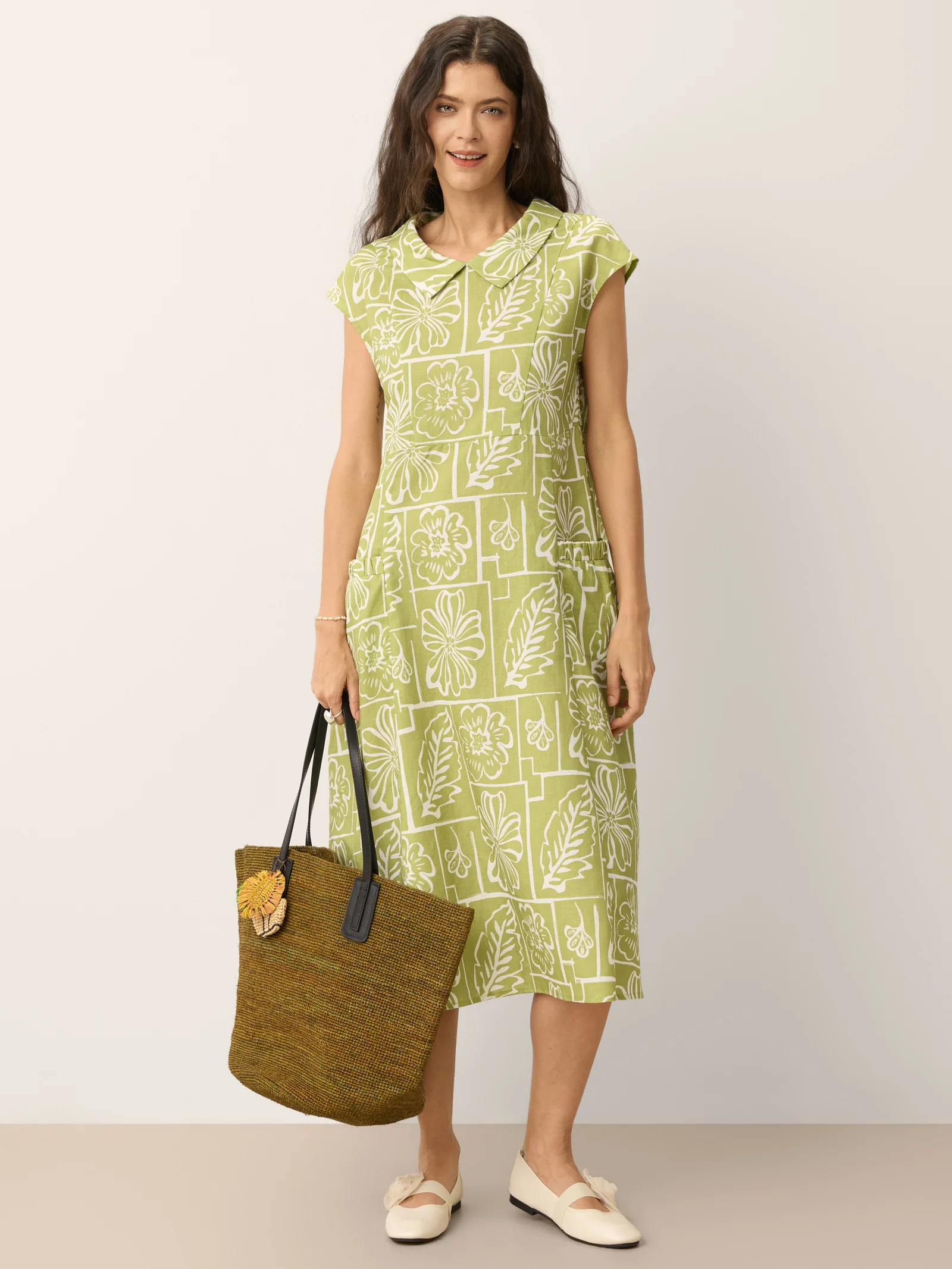 Linen Geometric Floral Peter-Pan Collar Midi Dress FABIENNE - Image 10