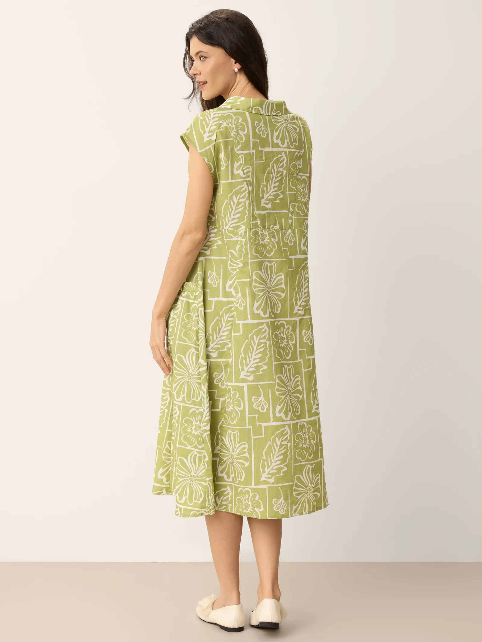 Linen Geometric Floral Peter-Pan Collar Midi Dress FABIENNE - Image 8