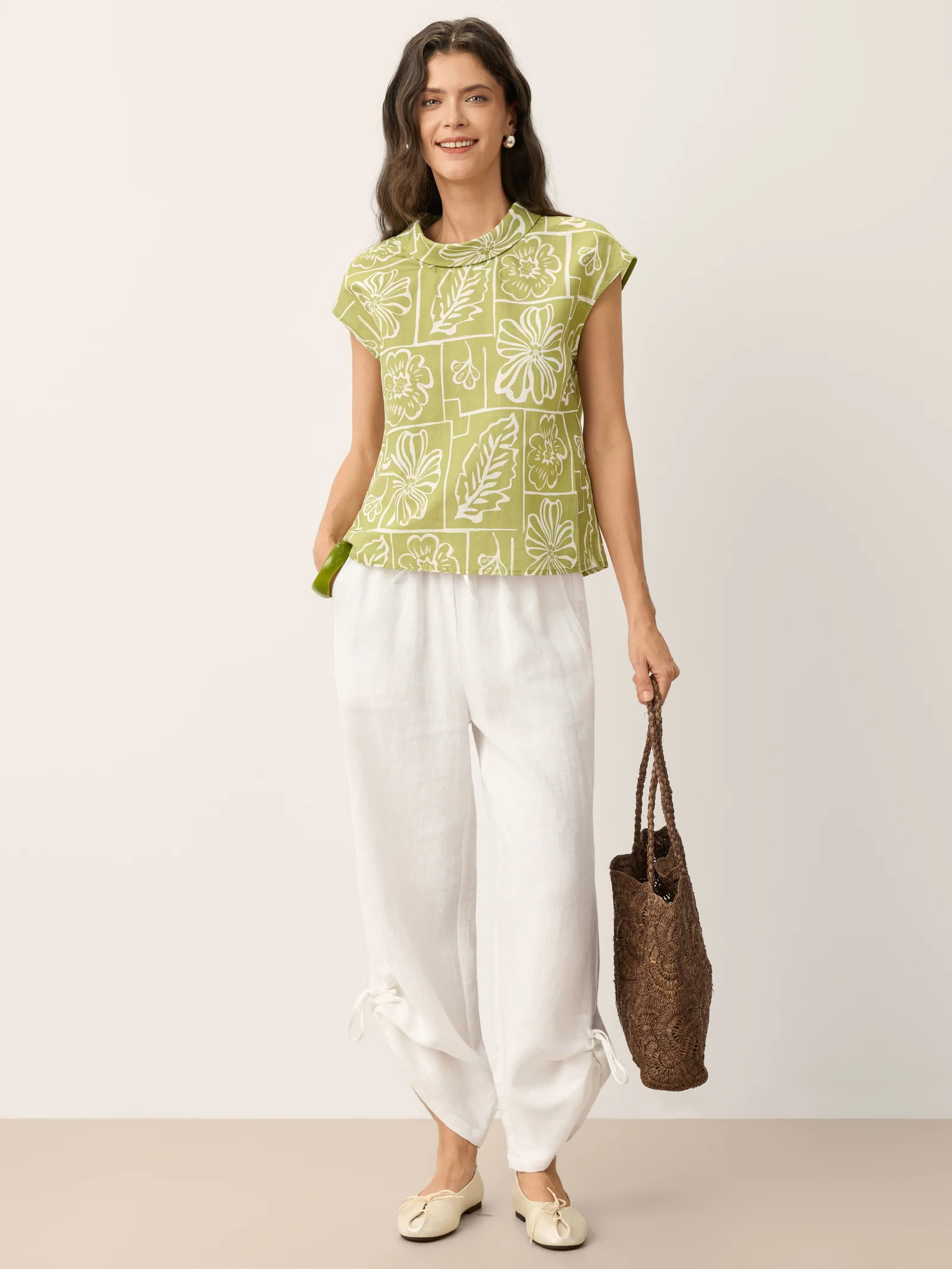 Linen Geometric Floral Stand-Collar Top DELPHINA - Image 9