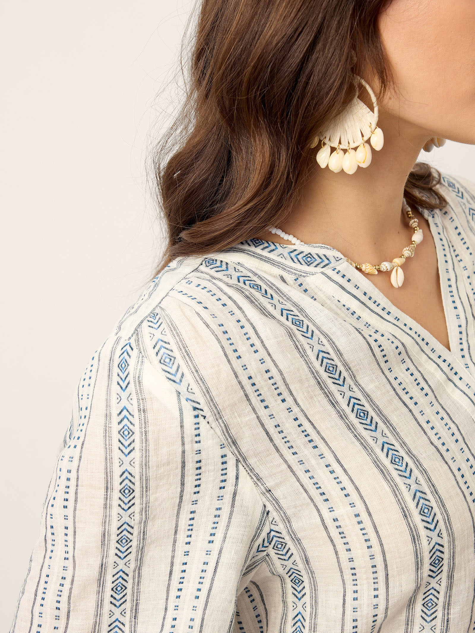 Linen Tribal Stripe Split Neck Bohemian Blouse KERENZA - Image 7