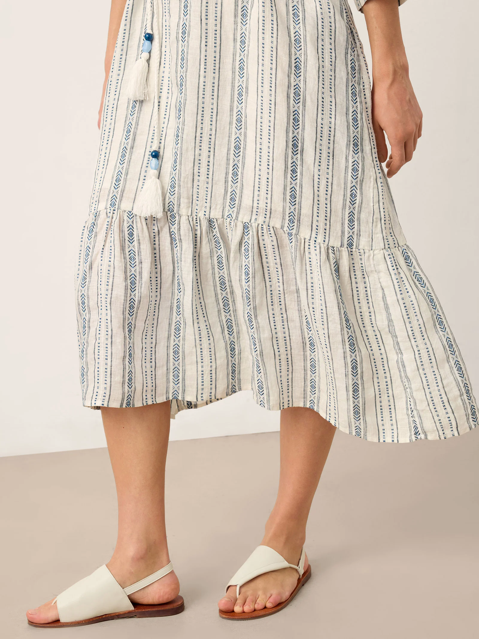 Linen Tribal Stripe Split Neck Bohemian Ruffle Midi Dress with Woven Belt and Slip MARLOWE - Image 11
