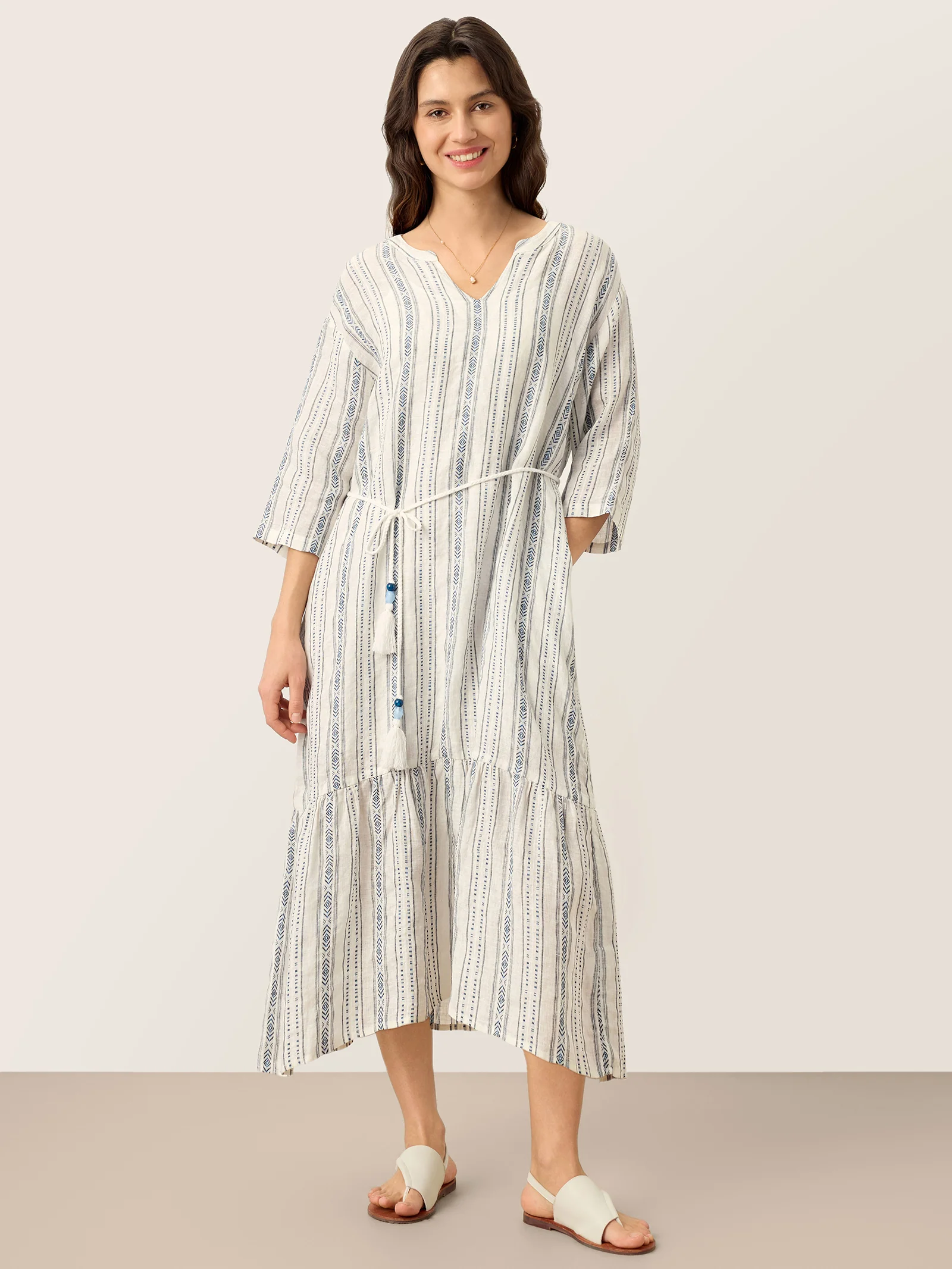 Linen Tribal Stripe Split Neck Bohemian Ruffle Midi Dress with Woven Belt and Slip MARLOWE - Image 3