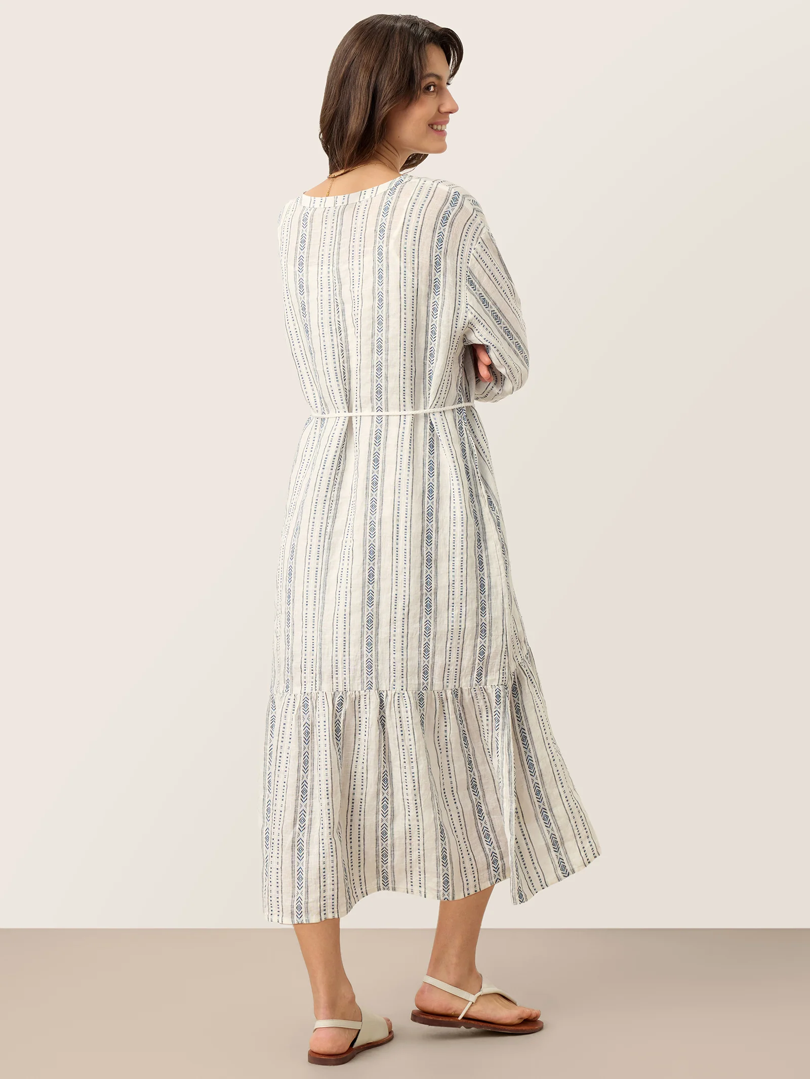 Linen Tribal Stripe Split Neck Bohemian Ruffle Midi Dress with Woven Belt and Slip MARLOWE - Image 4