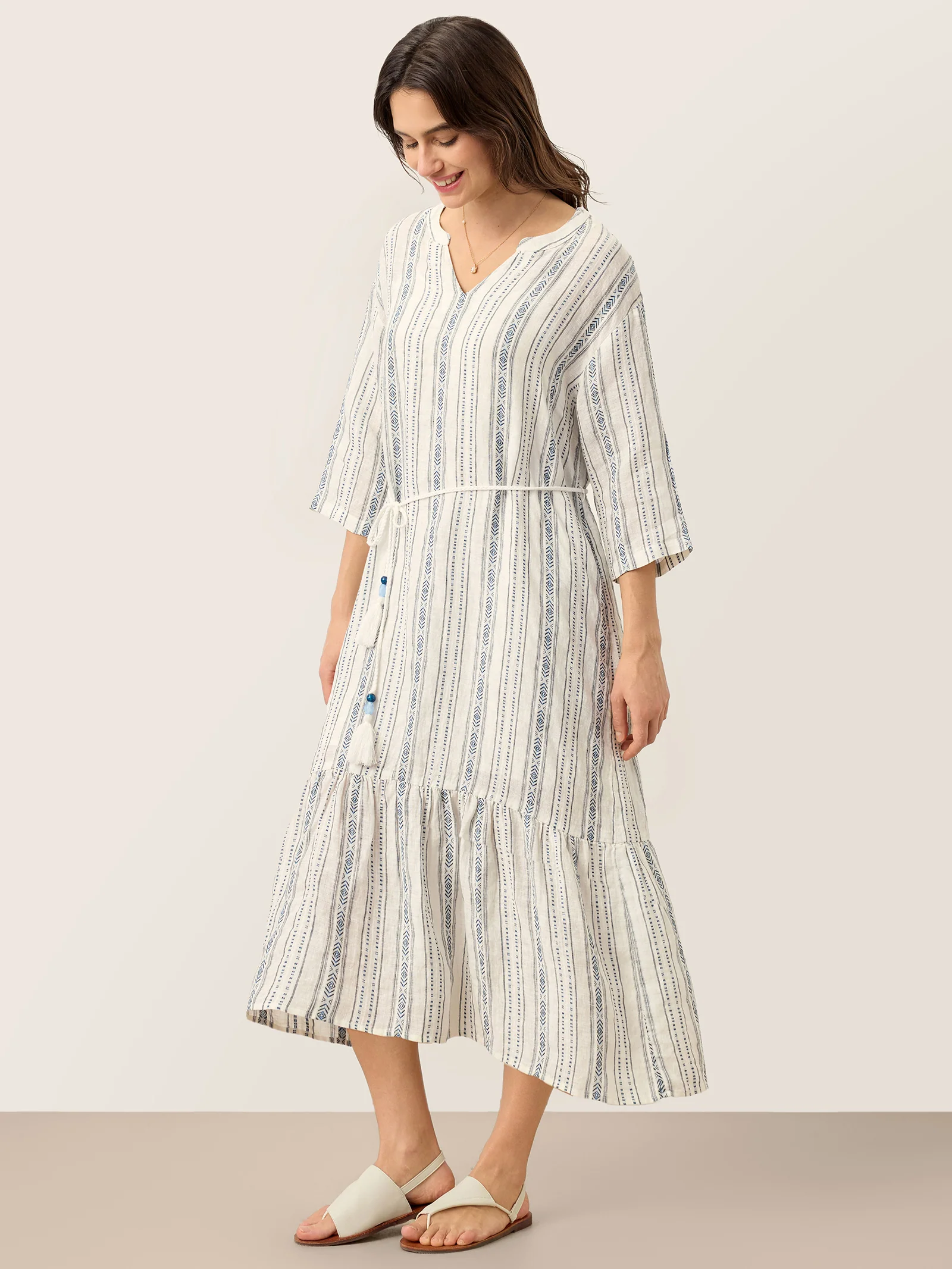 Linen Tribal Stripe Split Neck Bohemian Ruffle Midi Dress with Woven Belt and Slip MARLOWE - Image 7