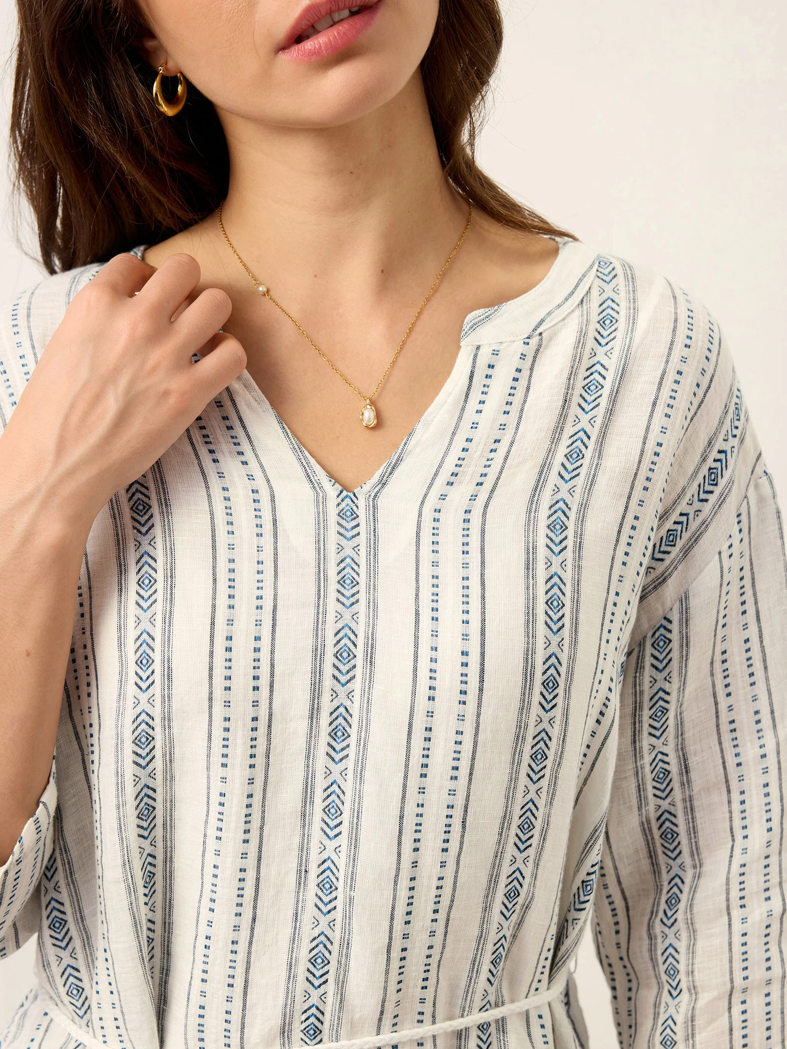 Linen Tribal Stripe Split Neck Bohemian Ruffle Midi Dress with Woven Belt and Slip MARLOWE - Image 9