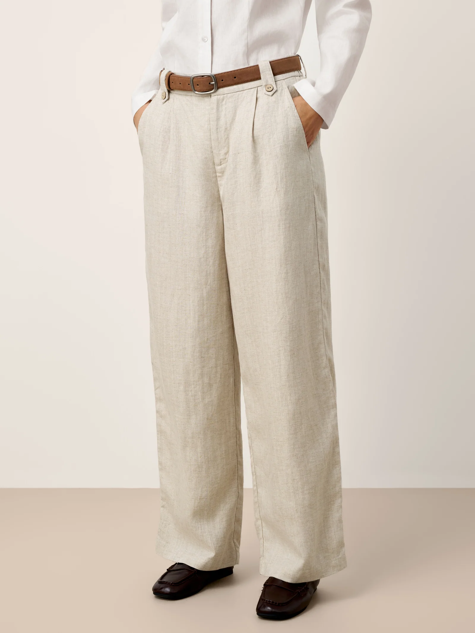 Linen-Lyocell Pleated Wide Leg Trousers with Back Elastic & Button Detail AISLING