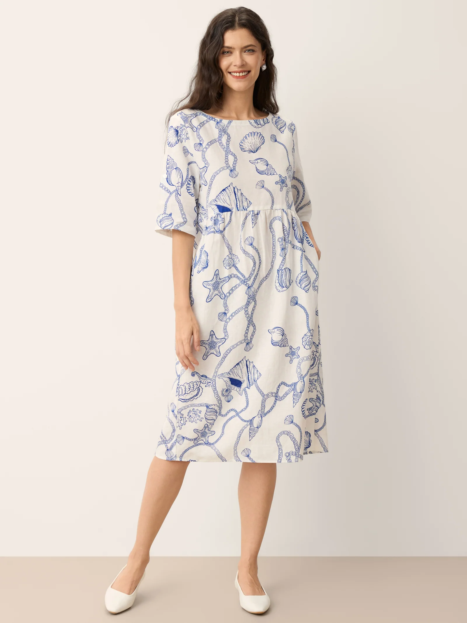 Linen Marine Curio Print Babydoll Midi Dress DELPHINA