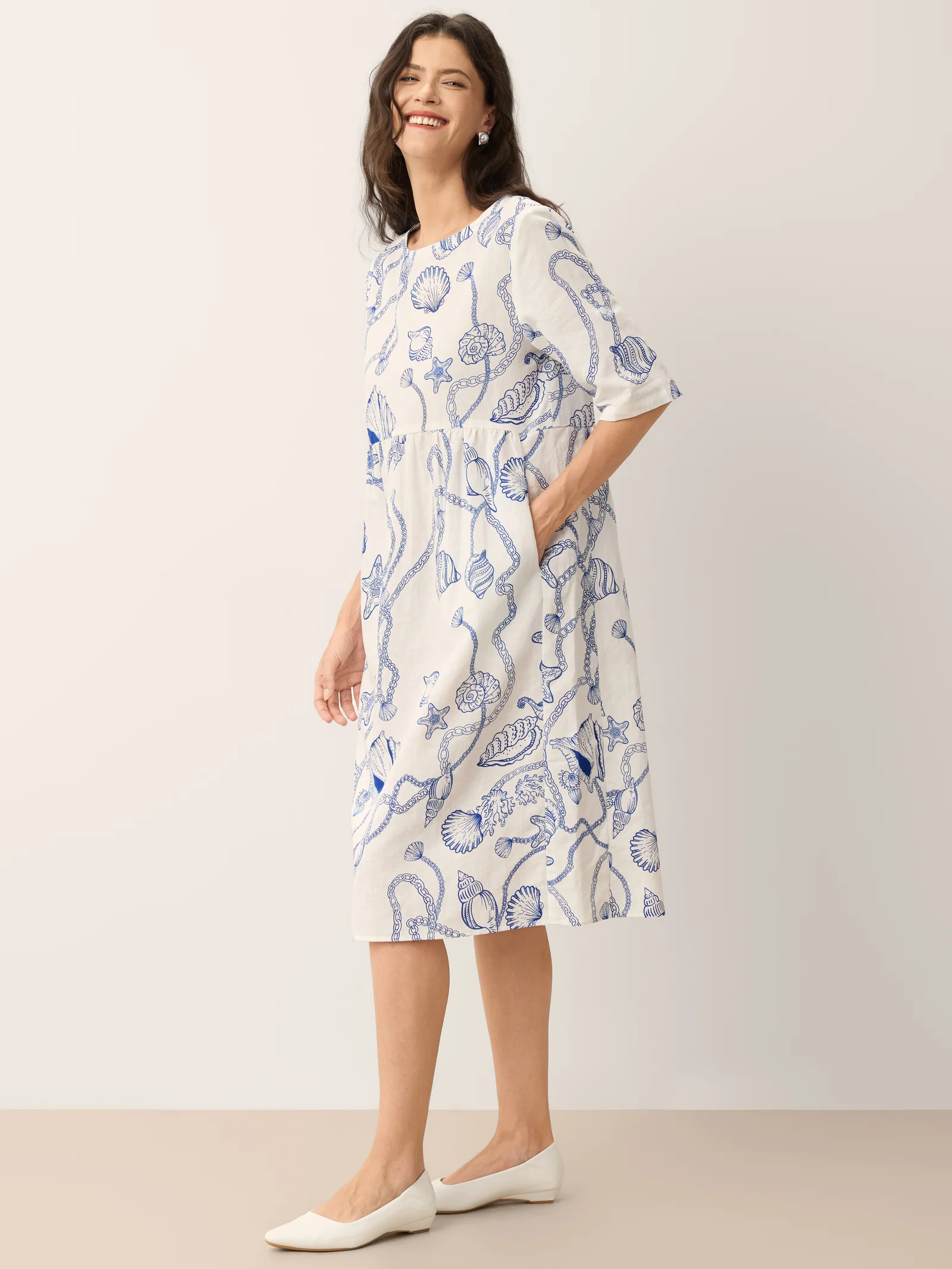Linen Marine Curio Print Babydoll Midi Dress DELPHINA - Image 4
