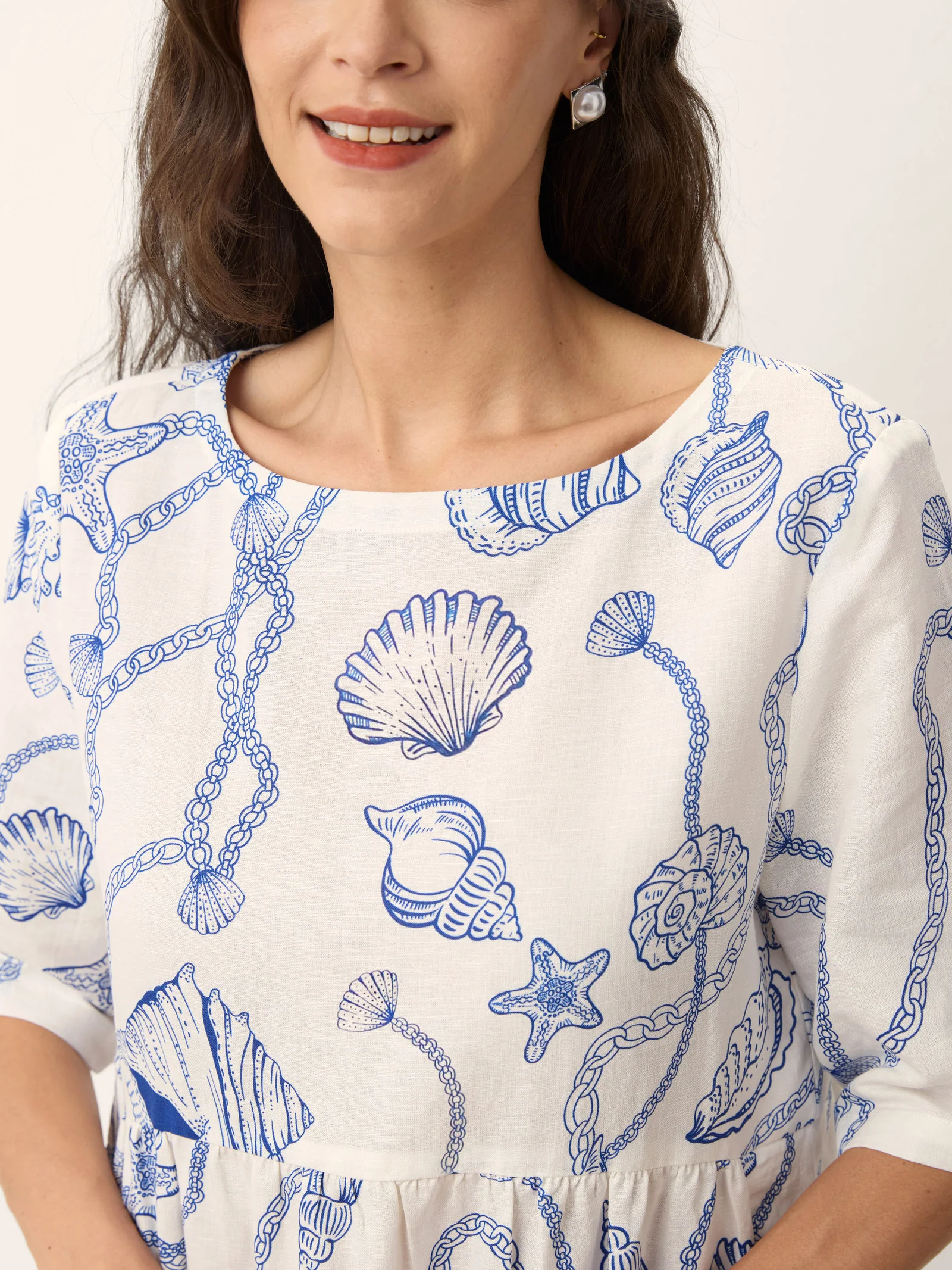 Linen Marine Curio Print Babydoll Midi Dress DELPHINA - Image 5