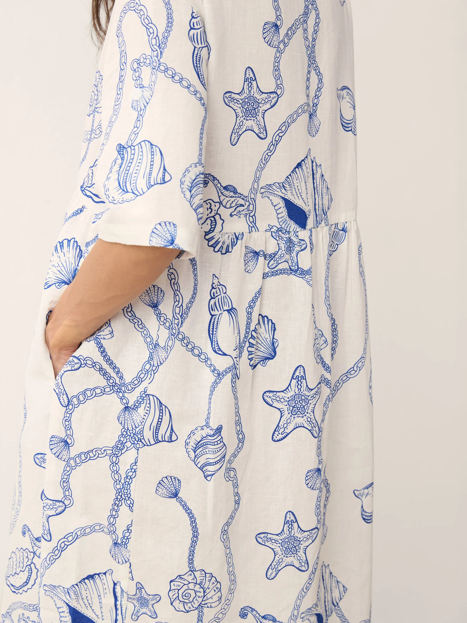 Linen Marine Curio Print Babydoll Midi Dress DELPHINA - Image 6