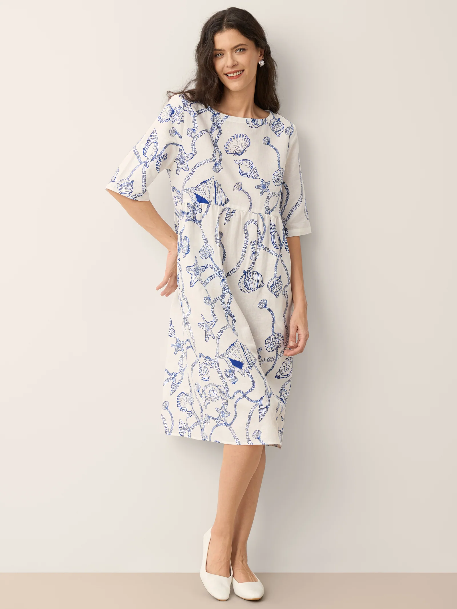 Linen Marine Curio Print Babydoll Midi Dress DELPHINA - Image 7