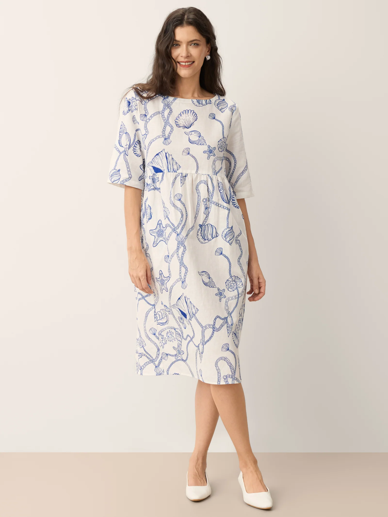 Linen Marine Curio Print Babydoll Midi Dress DELPHINA - Image 8
