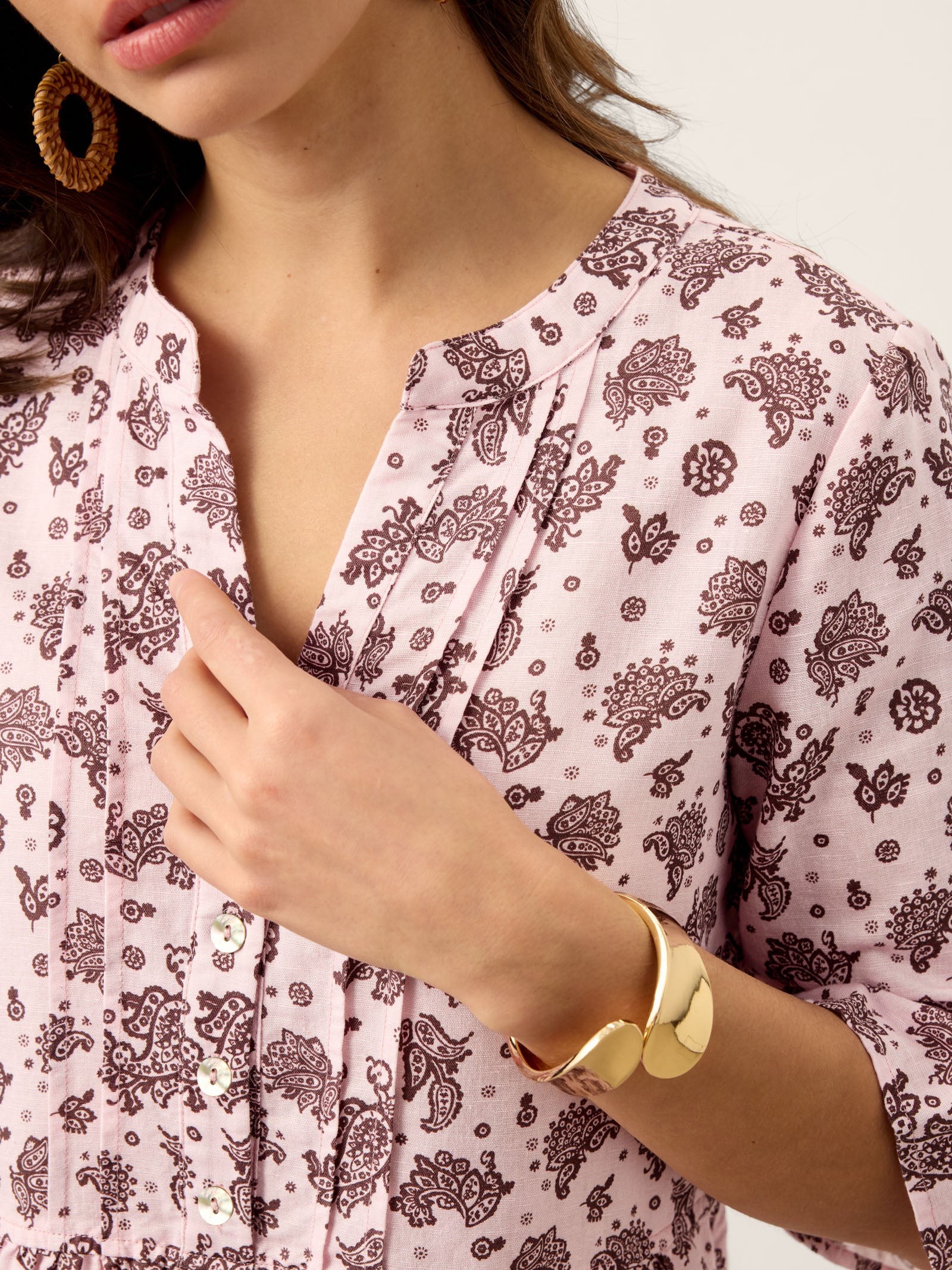 Linen Paisley Pintucked Ruffle-Cuff Midi Dress MAELYN - Image 8