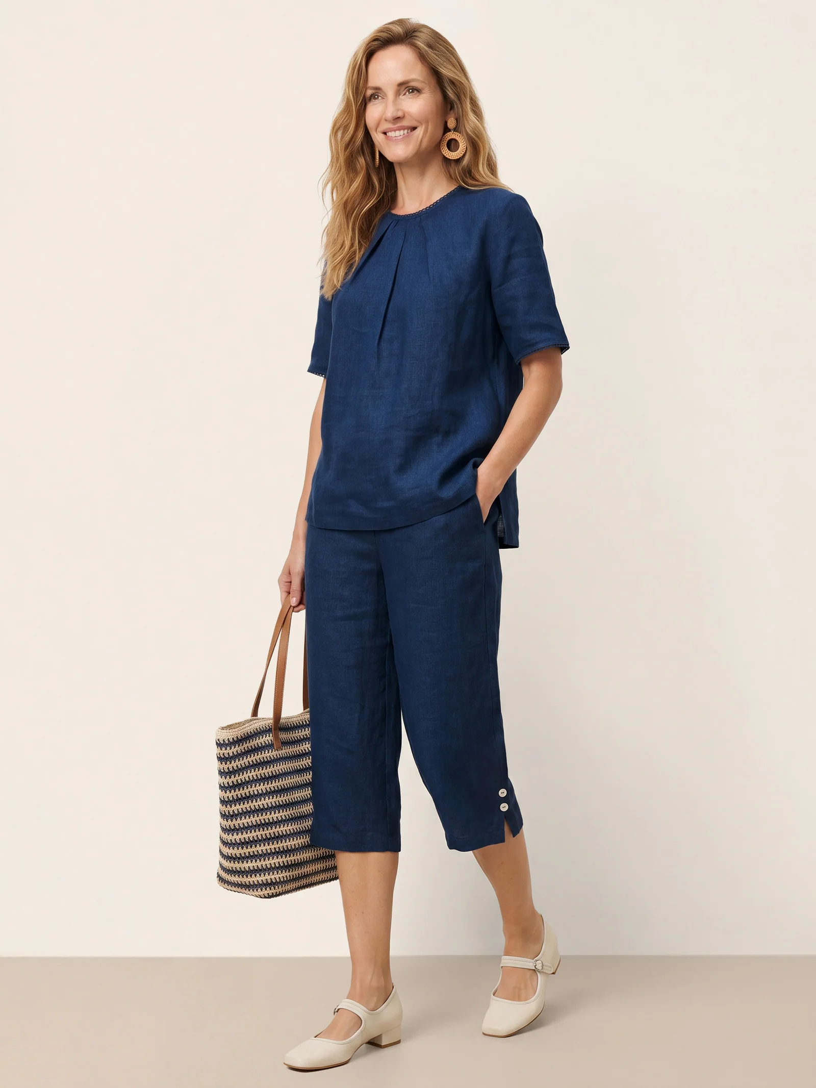 Linen Pintuck Lace Trim Back Button Top SELMA - Image 10