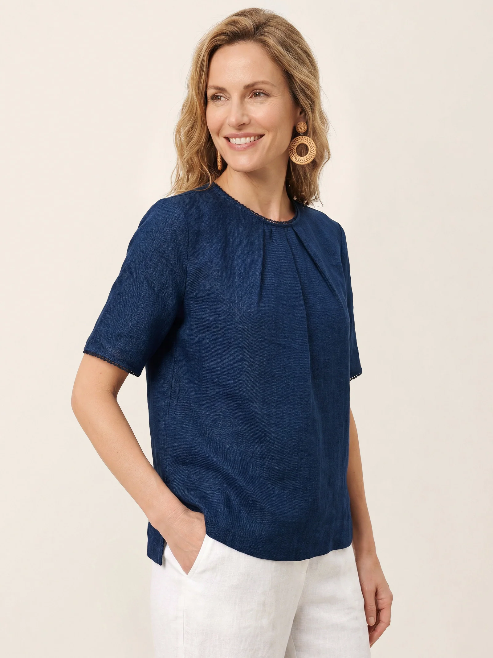 Linen Pintuck Lace Trim Back Button Top SELMA - Image 9