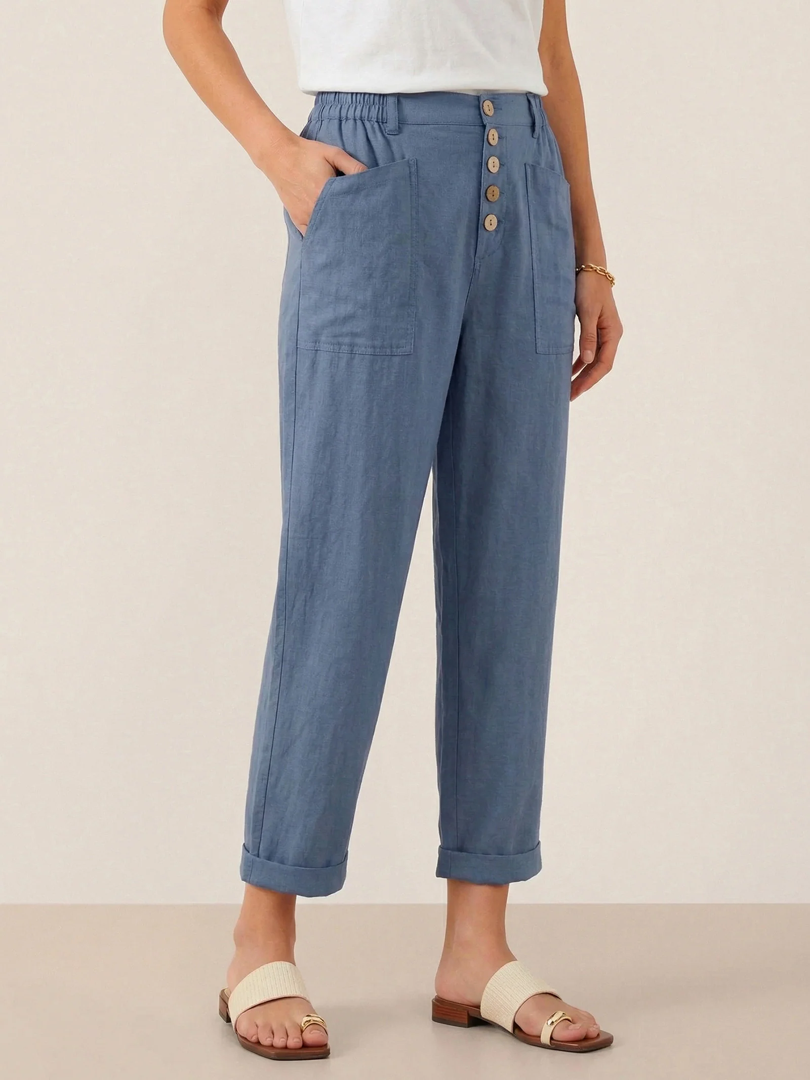Linen Simple Button Fly Trousers HEIDI - Image 13