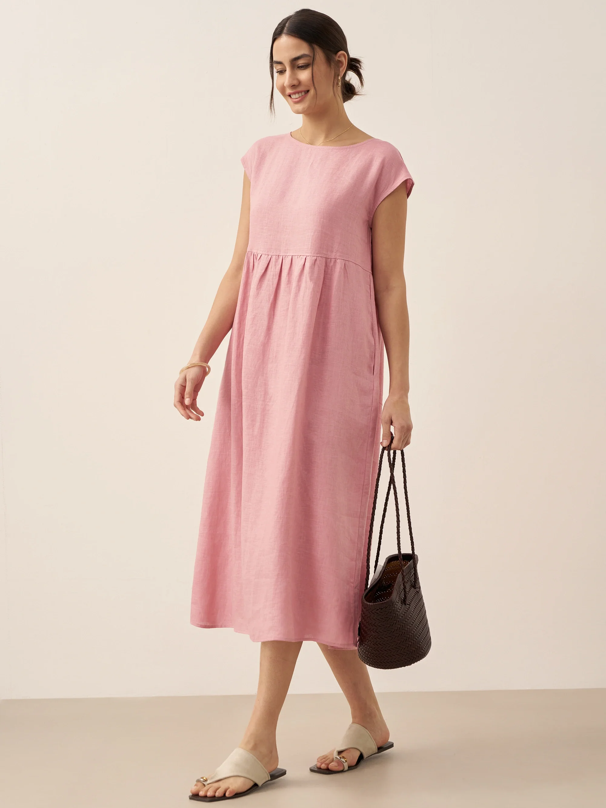 100% Linen Cap Sleeve Washed Midi Dress JOAN - Image 4