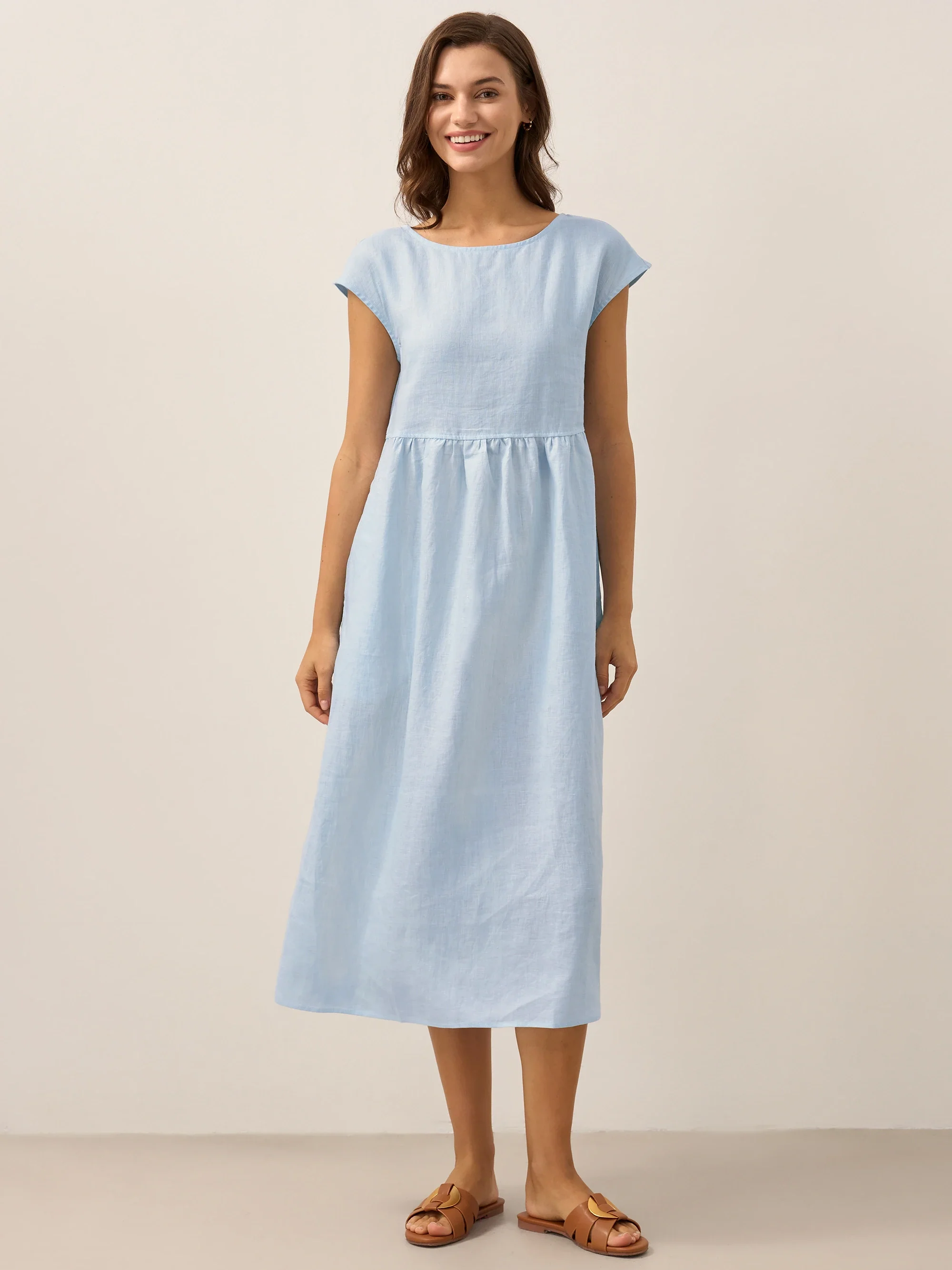 100% Linen Cap Sleeve Washed Midi Dress JOAN - Image 24