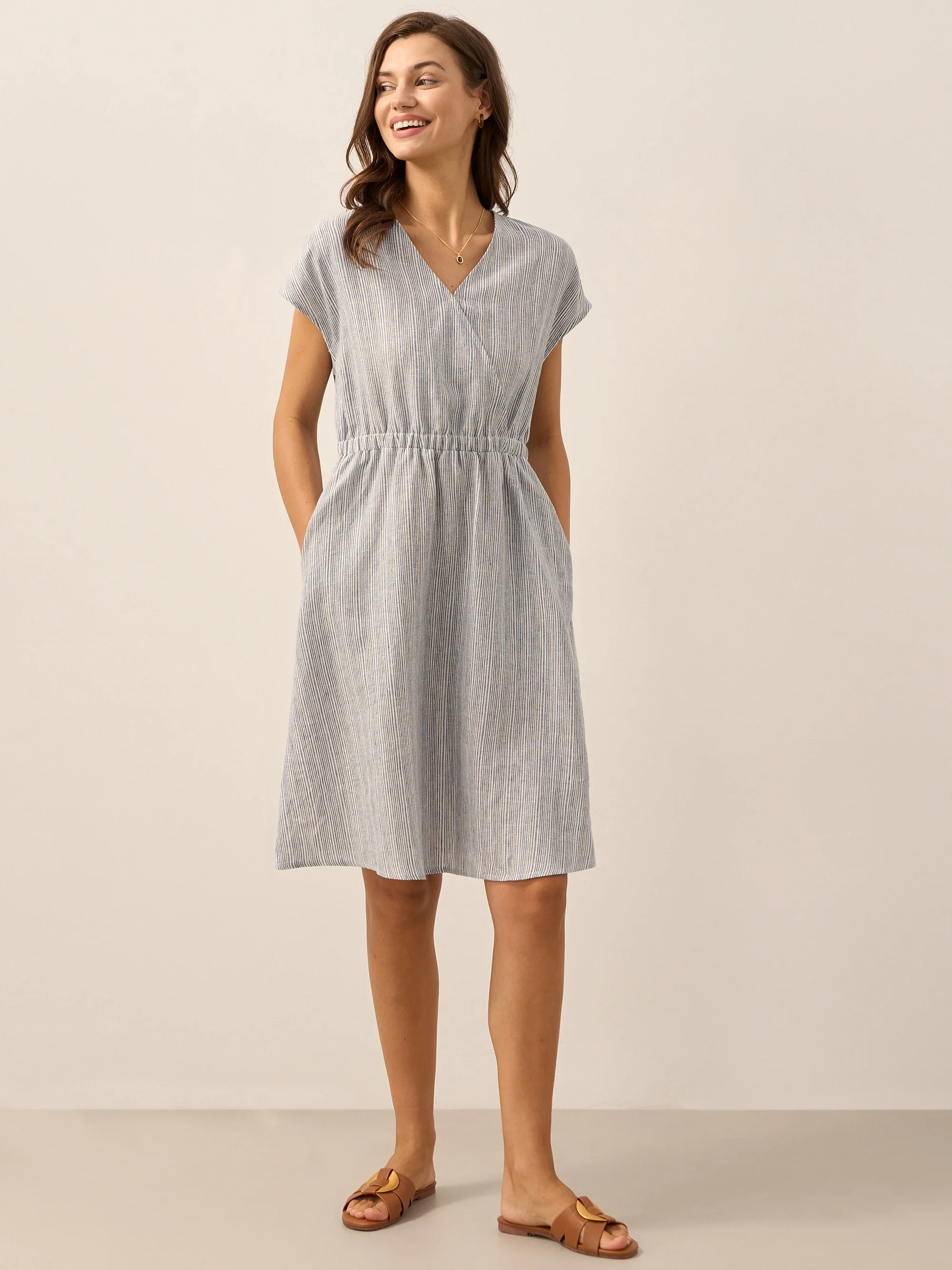 100% Linen Striped Elastic-Waist Mini Dress ARIA - Image 2