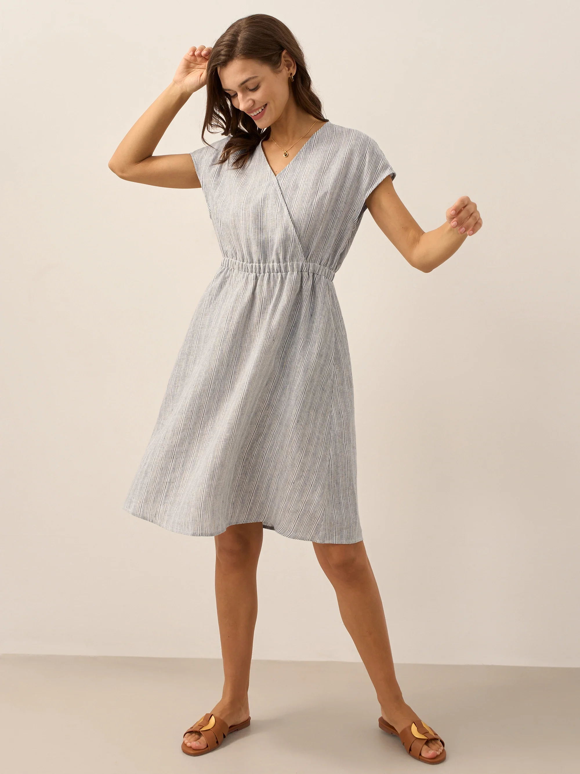 100% Linen Striped Elastic-Waist Mini Dress ARIA - Image 8