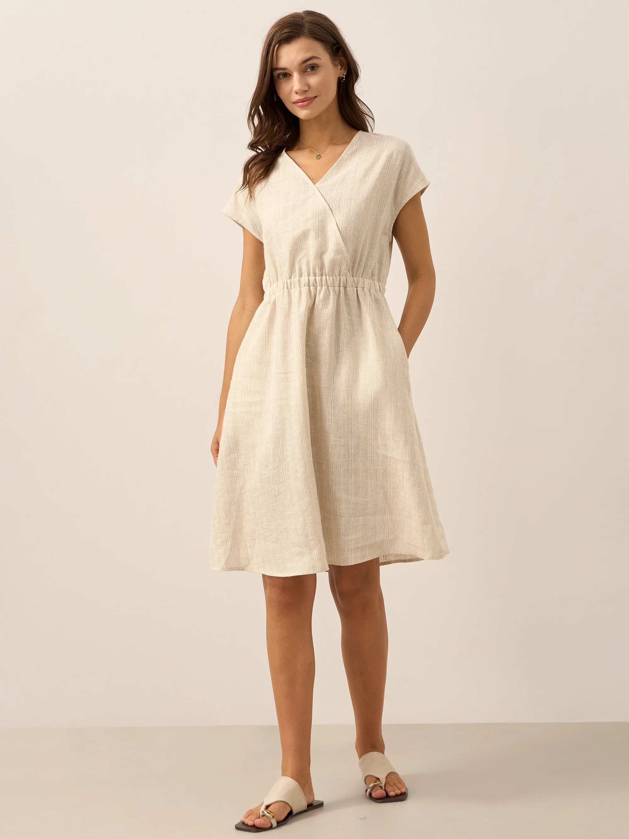 100% Linen Striped Elastic-Waist Mini Dress ARIA - Image 13