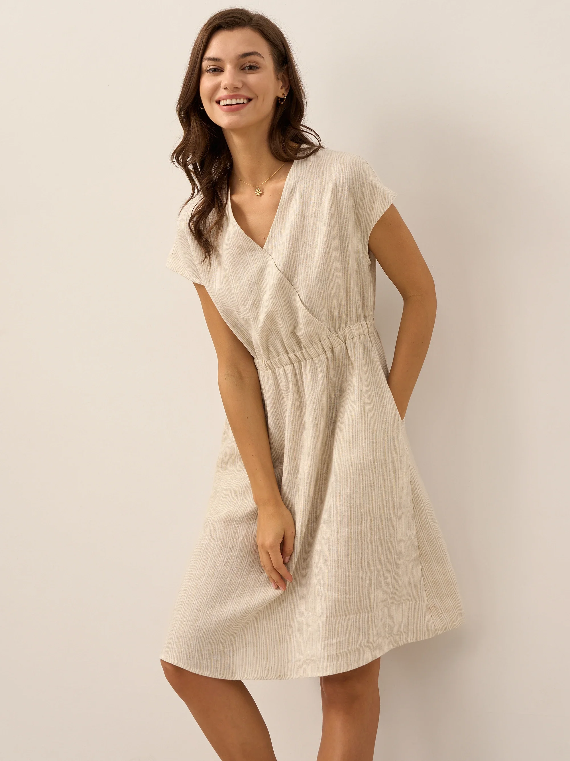 100% Linen Striped Elastic-Waist Mini Dress ARIA - Image 16