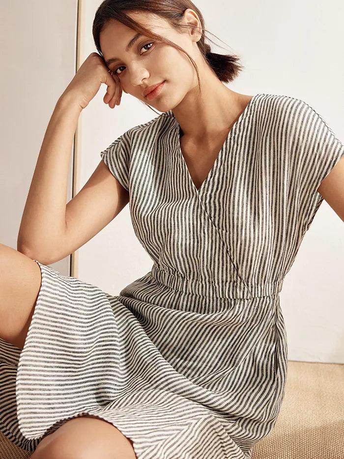 100% Linen Striped Elastic-Waist Mini Dress ARIA - Image 22