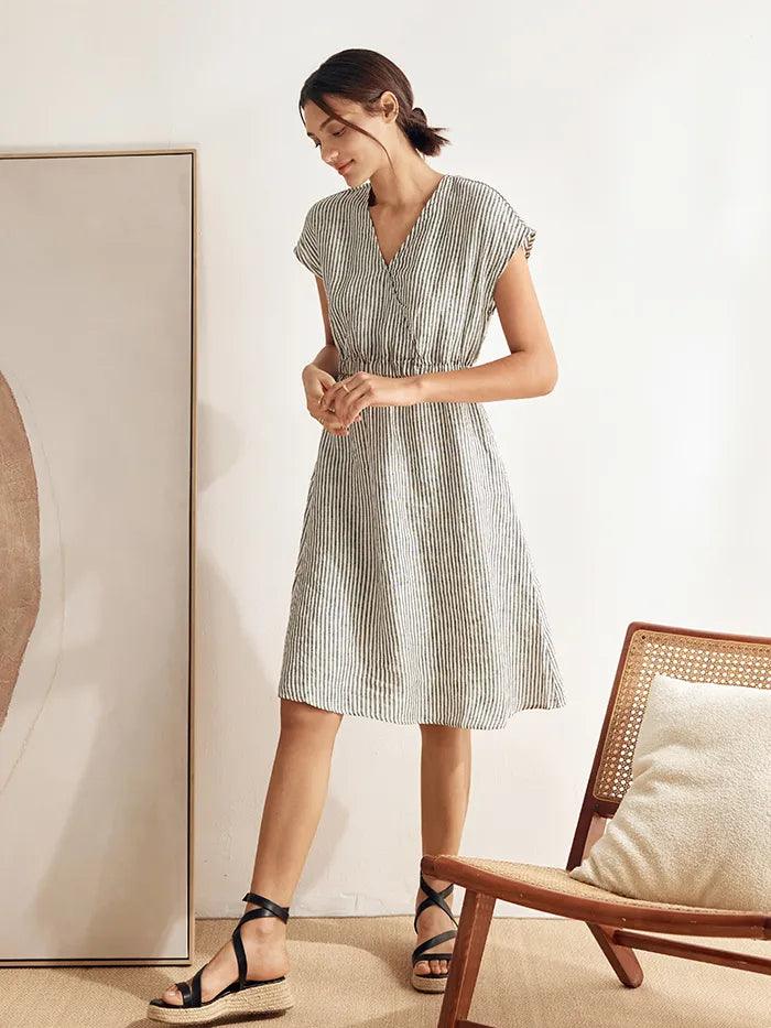 100% Linen Striped Elastic-Waist Mini Dress ARIA - Image 24