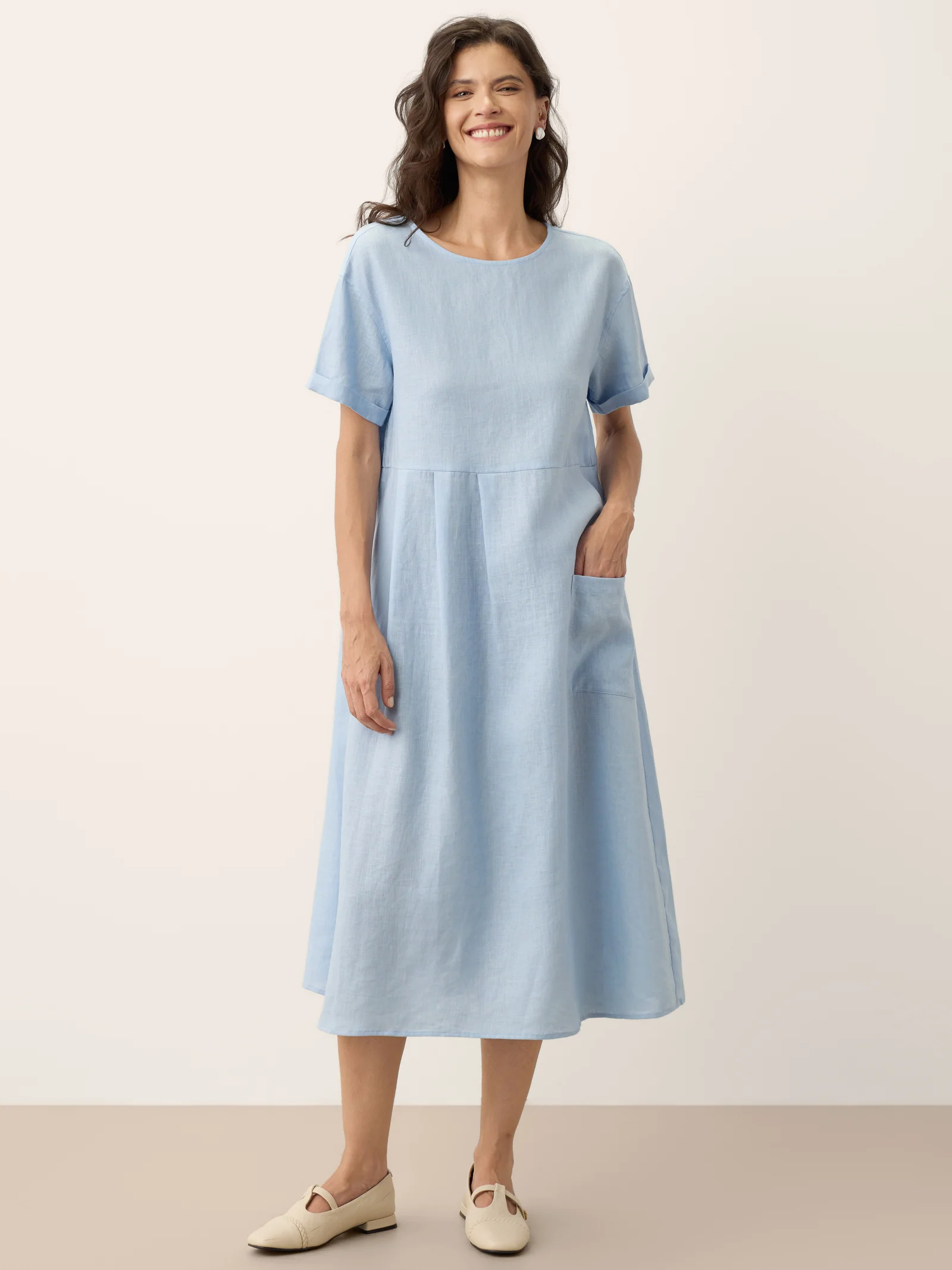 100% Linen Pinstripe Paneled Short-Sleeved Dress MORGAN - Image 11
