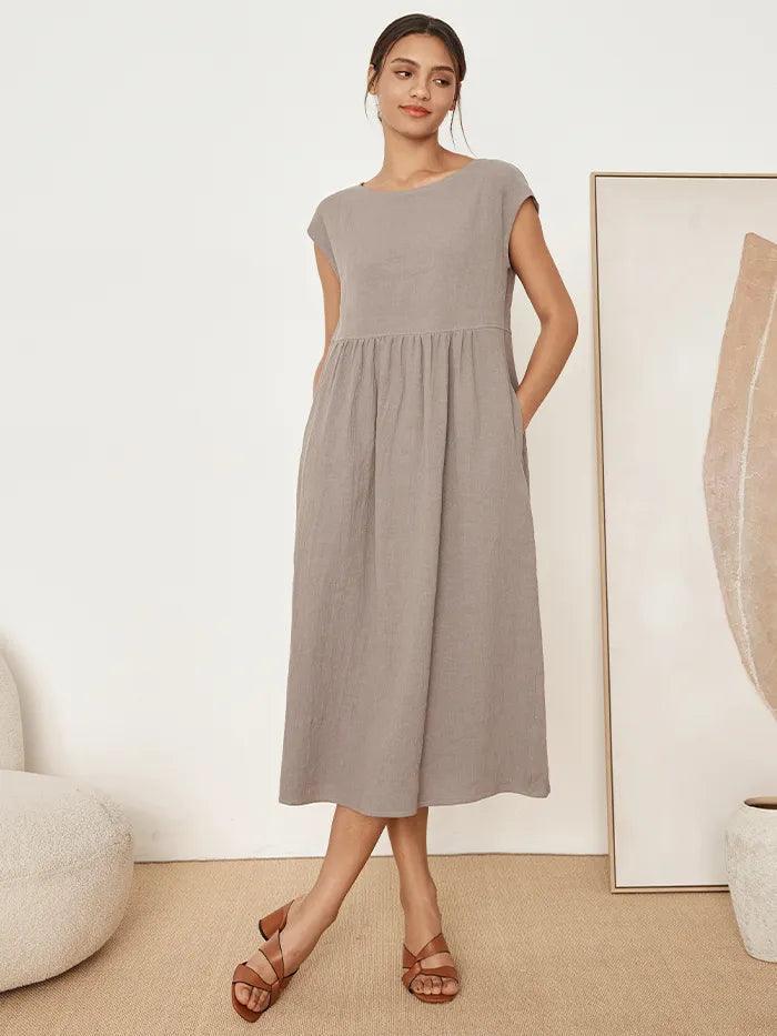 100% Linen Cap Sleeve Washed Midi Dress JOAN - Image 15