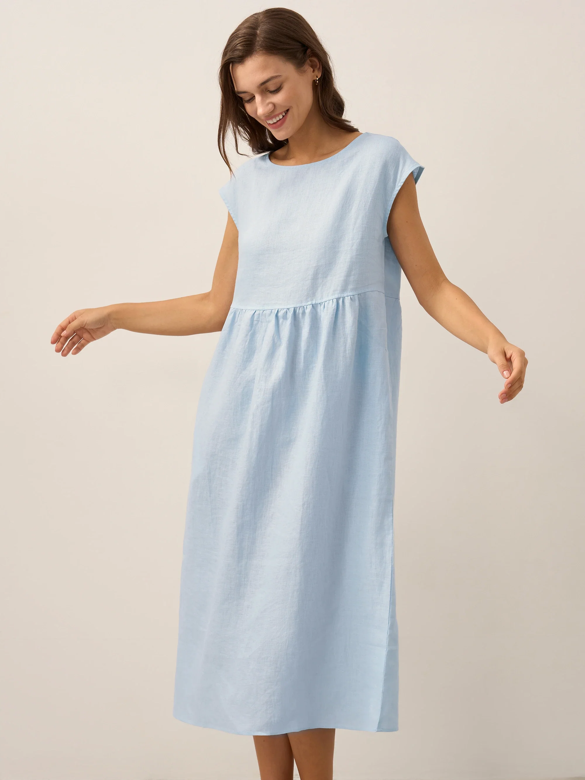 100% Linen Cap Sleeve Washed Midi Dress JOAN - Image 27