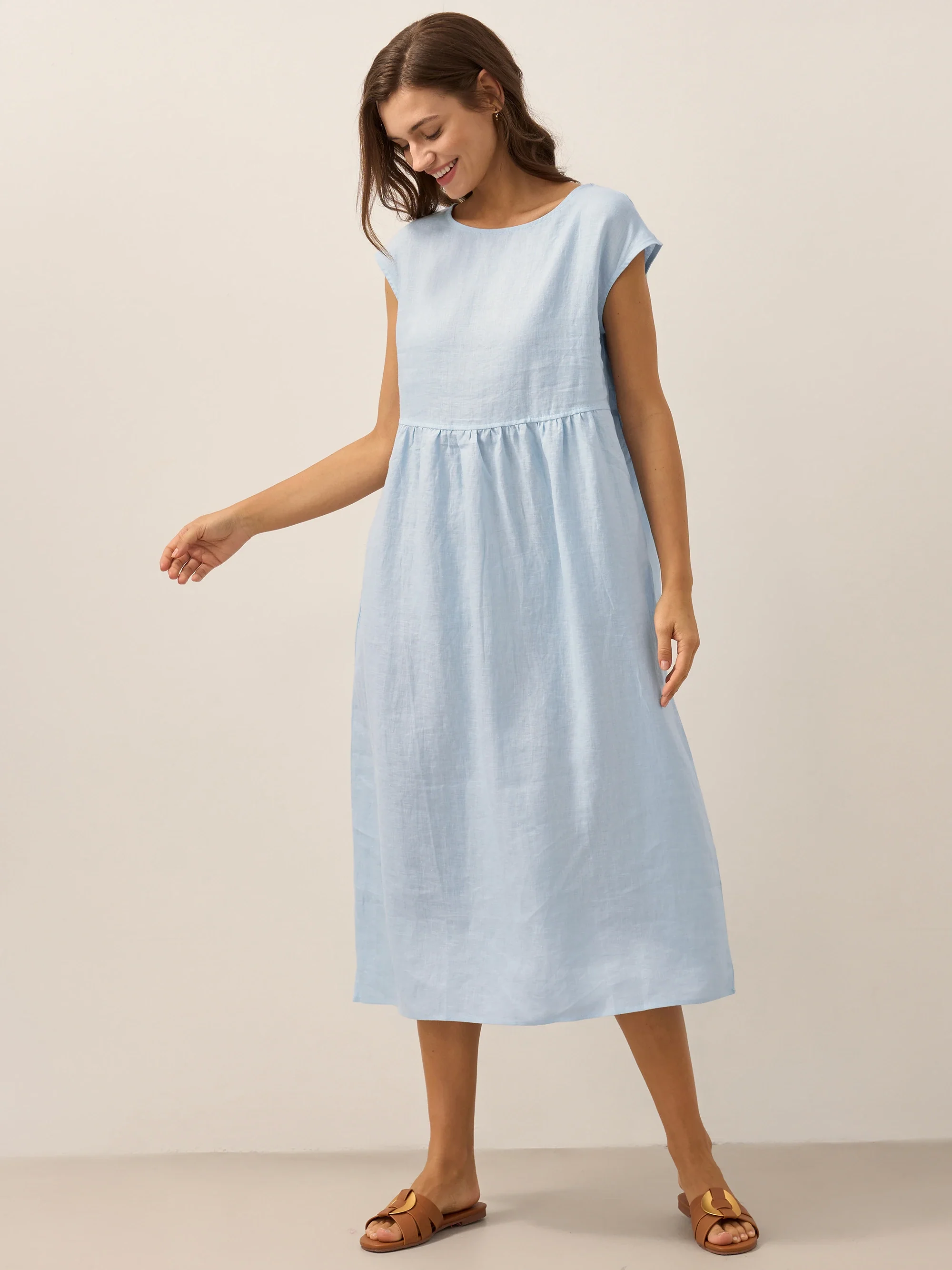 100% Linen Cap Sleeve Washed Midi Dress JOAN - Image 31