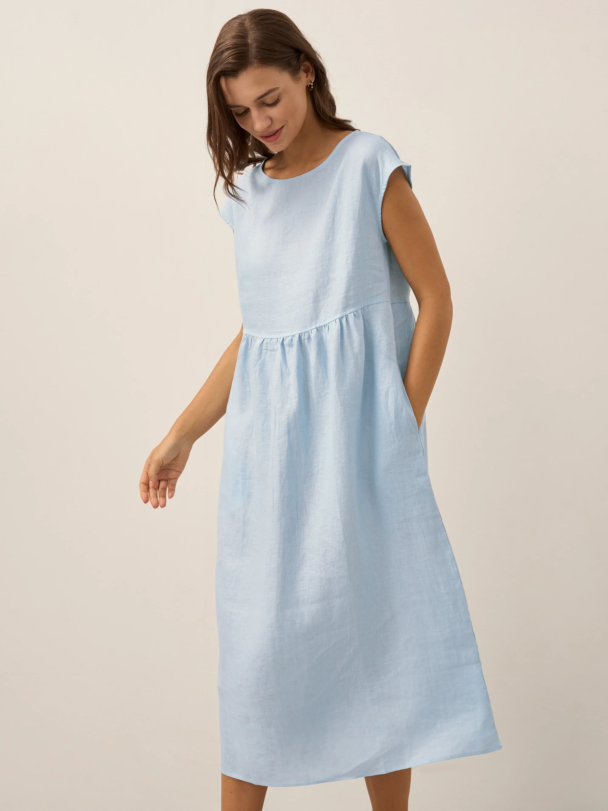 100% Linen Cap Sleeve Washed Midi Dress JOAN - Image 32